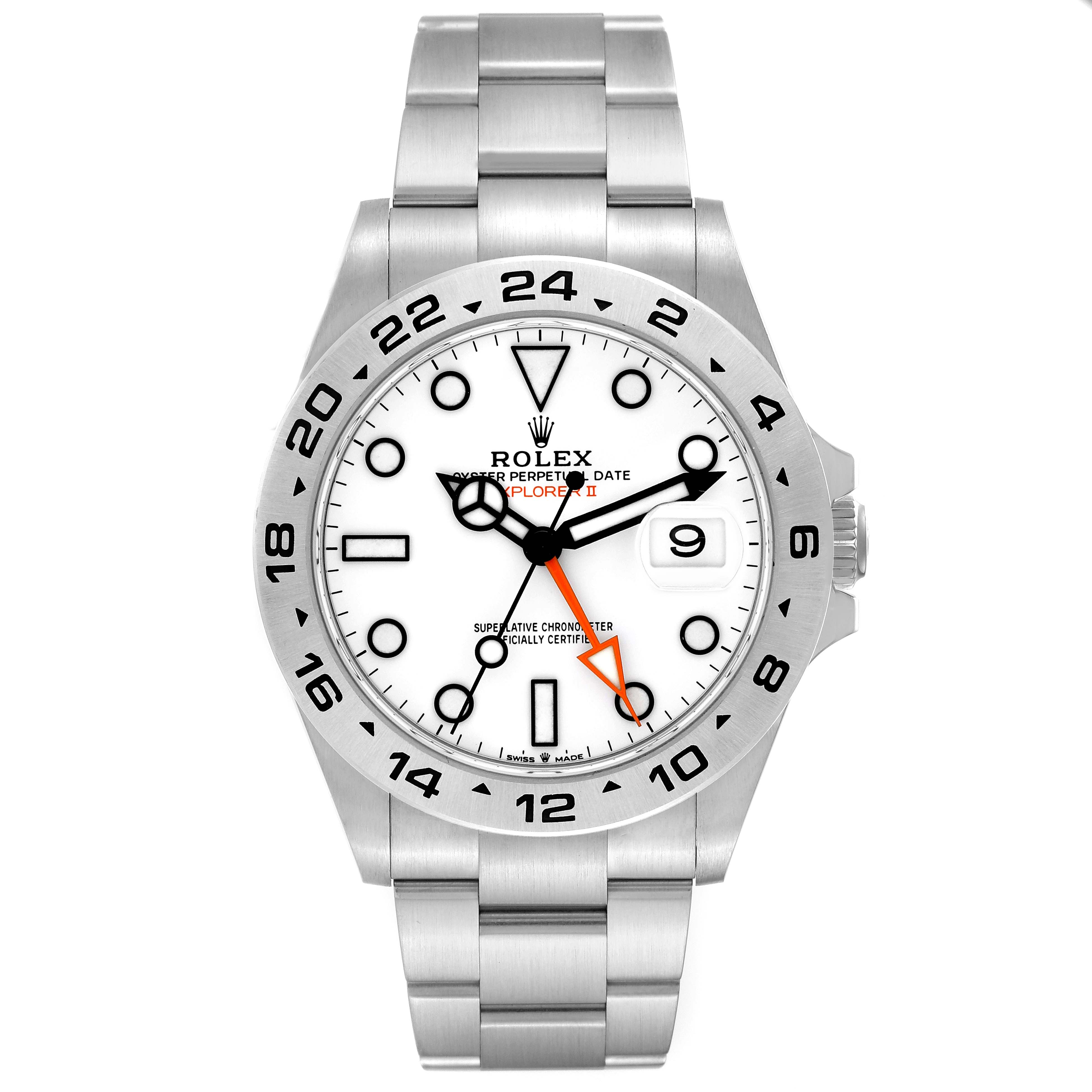 The image shows a front view of the Rolex Explorer 226570 Men's Stainless Steel White Dial 226570 Men's Stainless Steel White Dial II, displaying the dial, bezel, bracelet, and crown.