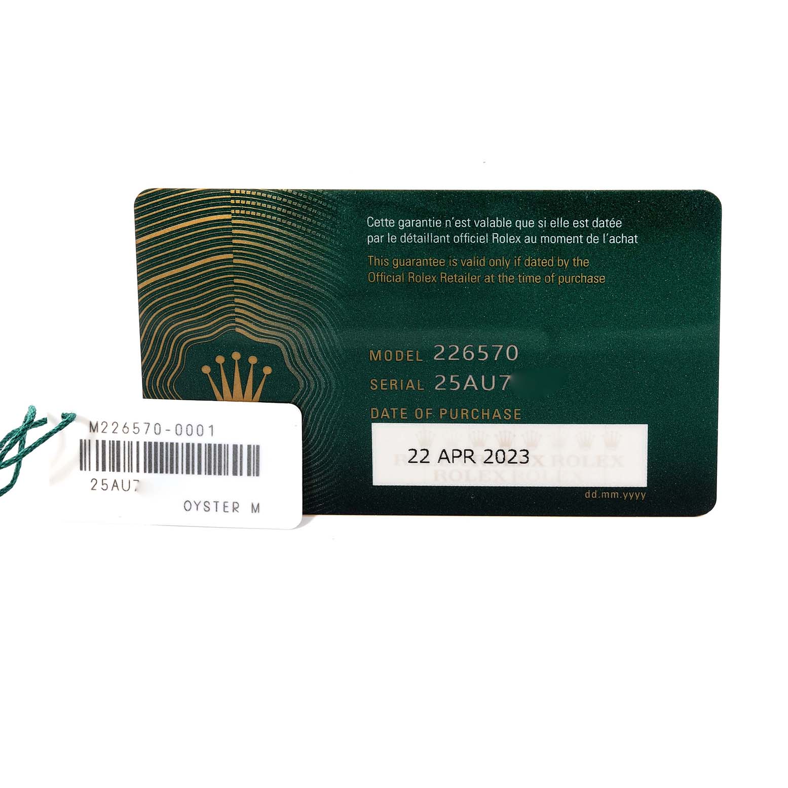 This image shows the official warranty card and tag for the Rolex Explorer 226570 Men's Stainless Steel White Dial 226570 Men's Stainless Steel White Dial model 226570 with serial number 25AU7.