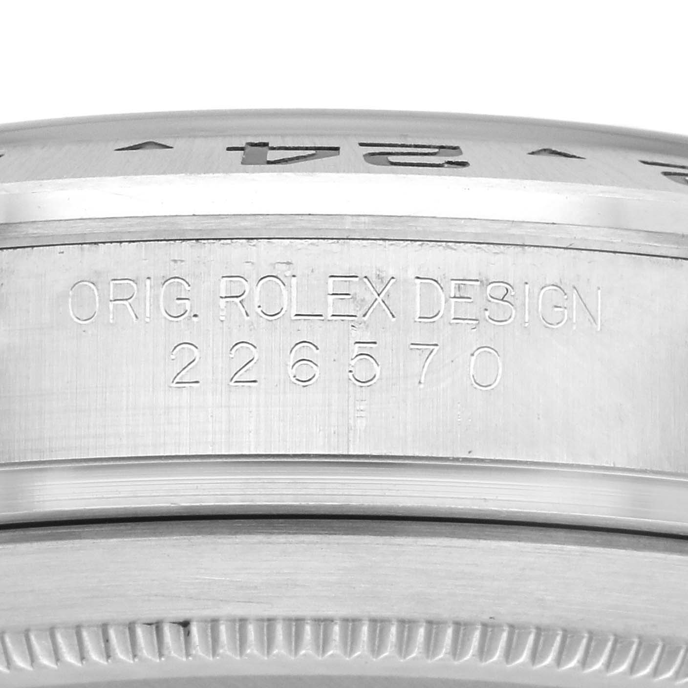 This close-up image shows the engraved design and reference number (226570) on the side of the Rolex Explorer 226570 Men's Stainless Steel White Dial 226570 Men's Stainless Steel White Dial watch case.