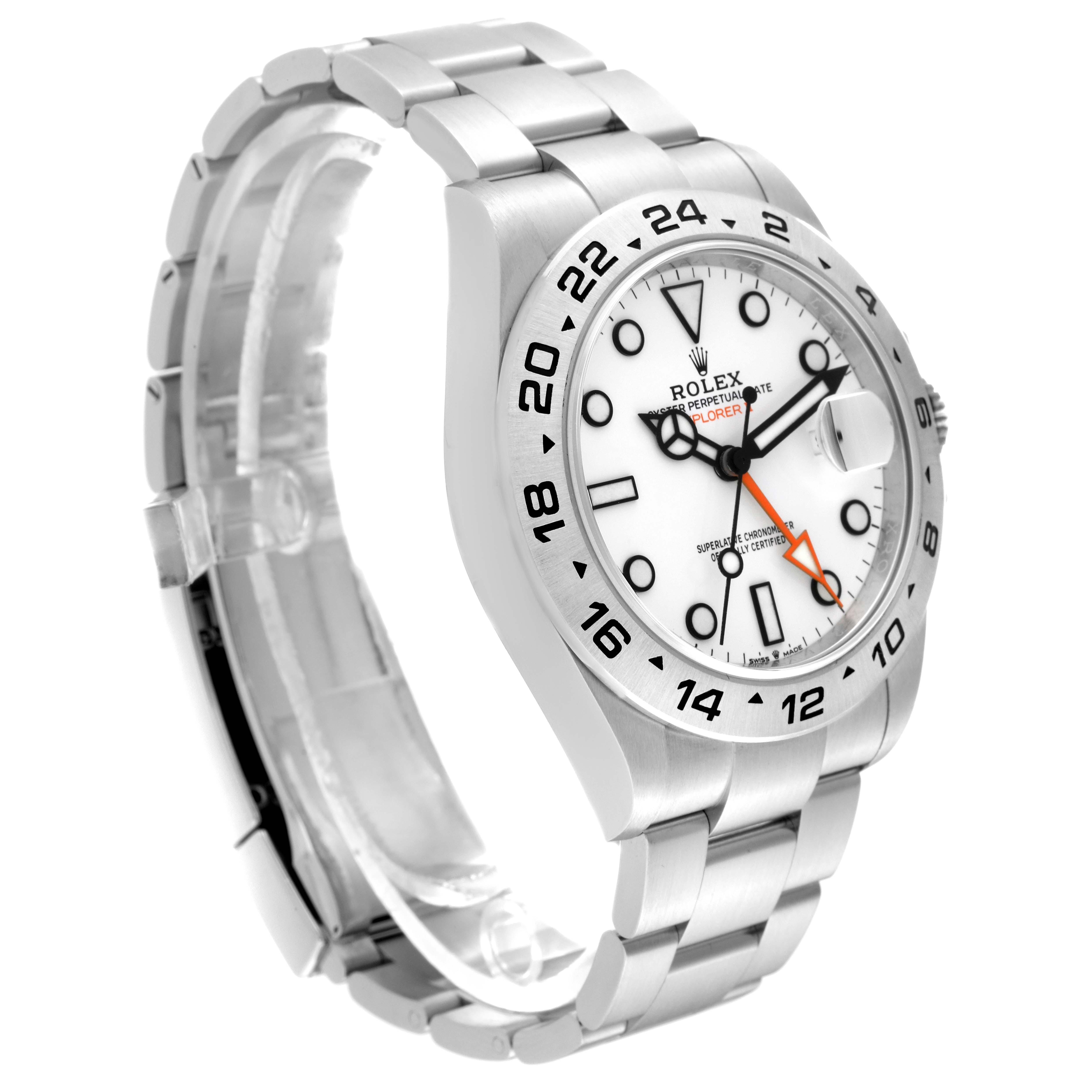 This Rolex Explorer 226570 Men's Stainless Steel White Dial 226570 Men's Stainless Steel White Dial watch is shown at a three-quarter angle, displaying the dial, bracelet, and bezel with clear numerals and markers.