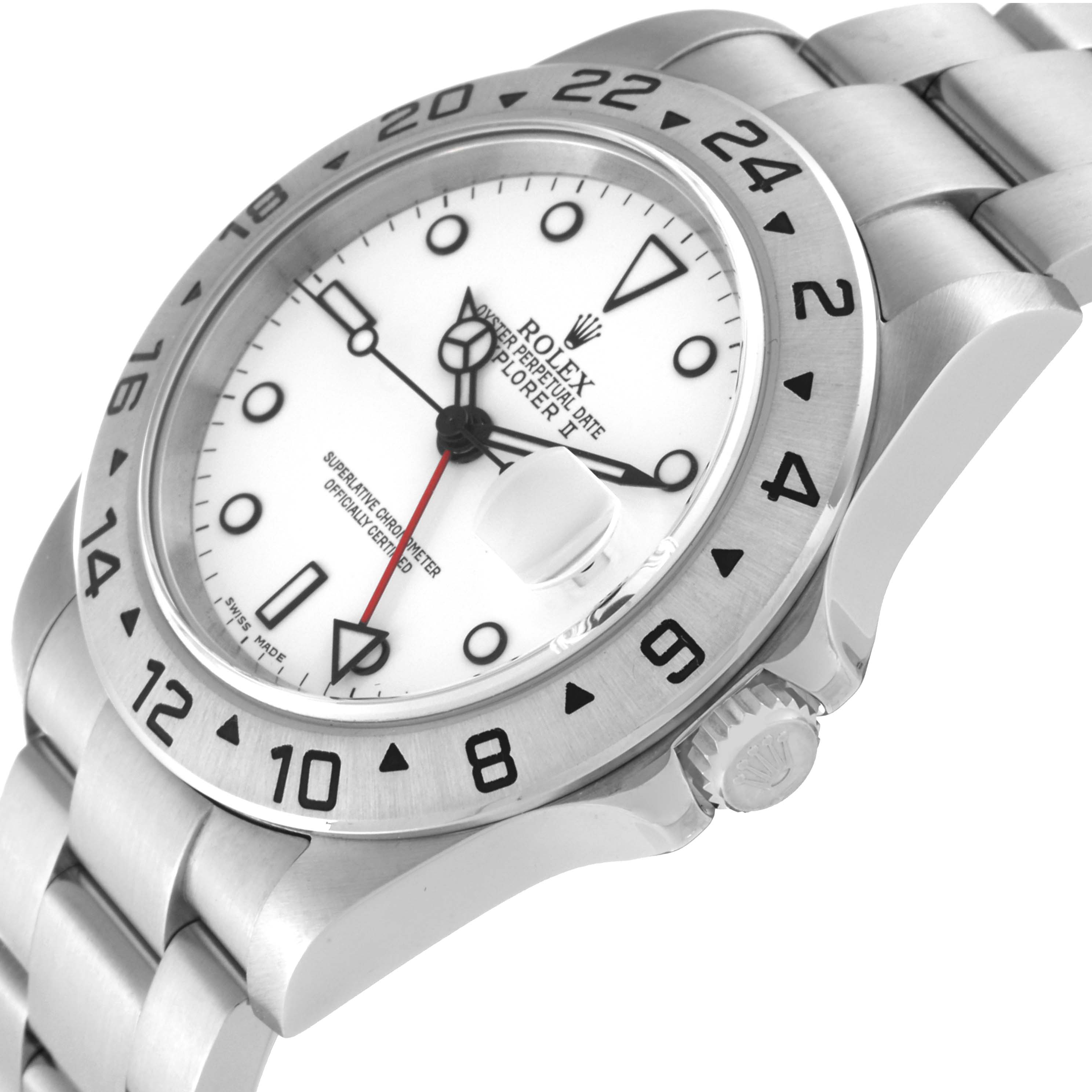 This image shows a close-up angle of the Rolex Explorer 16570 Men's Stainless Steel White Dial 16570 Men's Stainless Steel White Dial with its bezel, dial, date magnifier, crown, and bracelet visible.