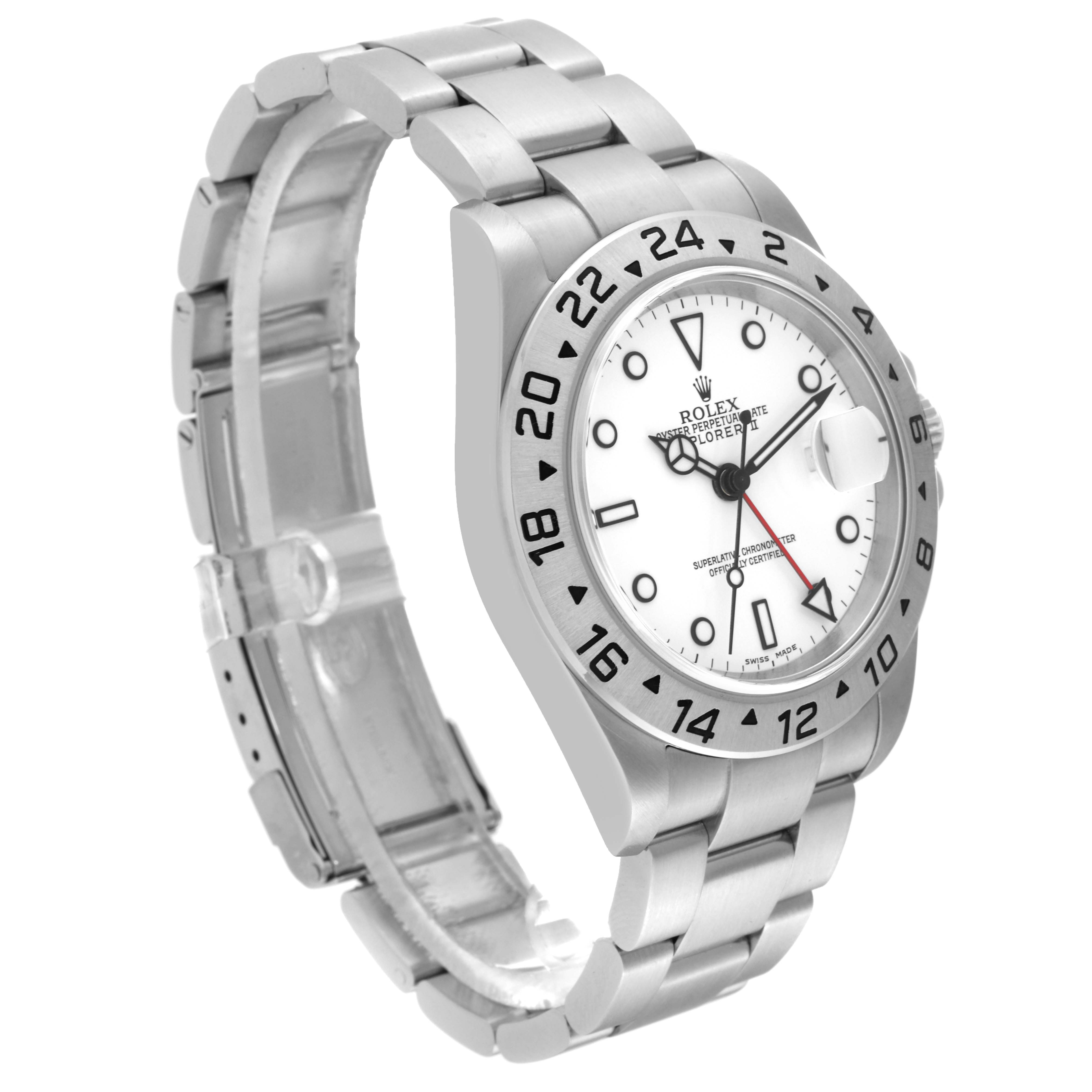 The image shows a side angle of a Rolex Explorer 16570 Men's Stainless Steel White Dial 16570 Men's Stainless Steel White Dial watch, displaying the bezel, dial, and part of the bracelet.