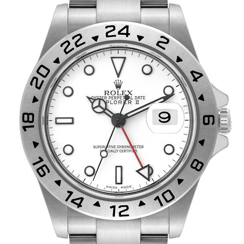 The image shows a front view of the Rolex Explorer II watch, displaying its white dial, date window, and 24-hour bezel.