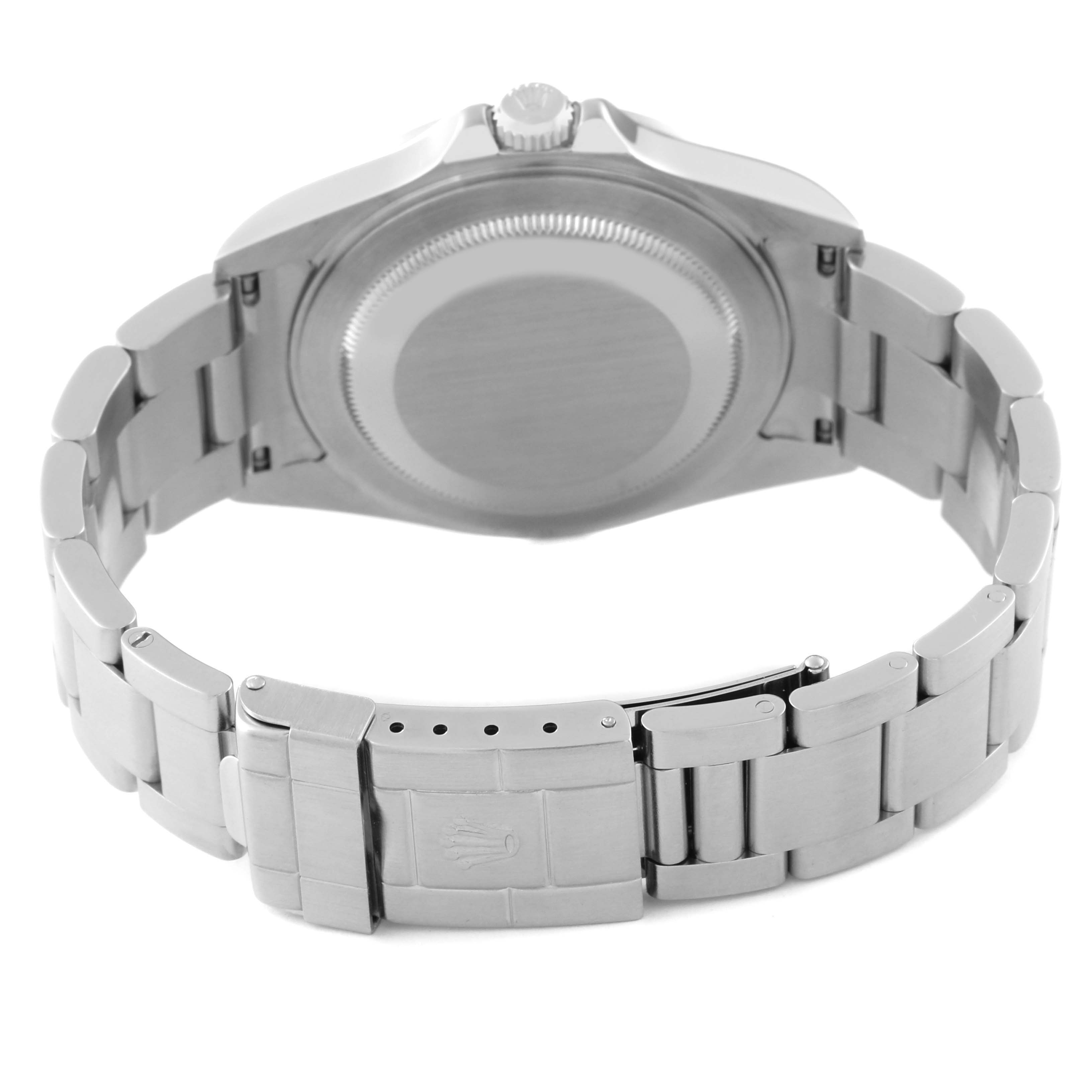 This is a rear view of the Rolex Explorer 16570 Men's Stainless Steel White Dial 16570 Men's Stainless Steel White Dial watch, showing the case back and the stainless steel bracelet and clasp.