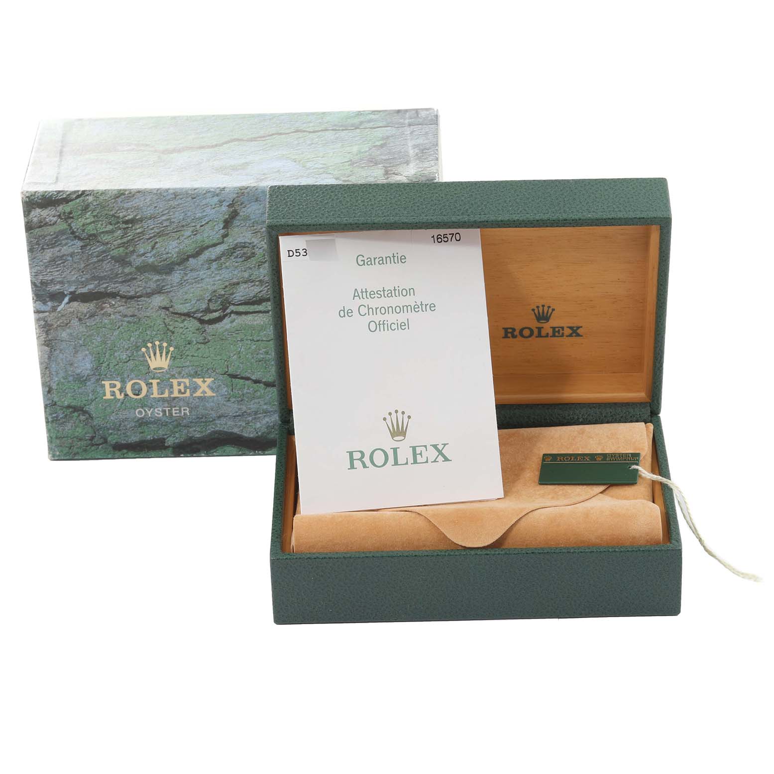 The image shows the packaging box and warranty card for a Rolex Explorer 16570 Men's Stainless Steel White Dial 16570 Men's Stainless Steel White Dial watch, including a green tag and papers inside the box.