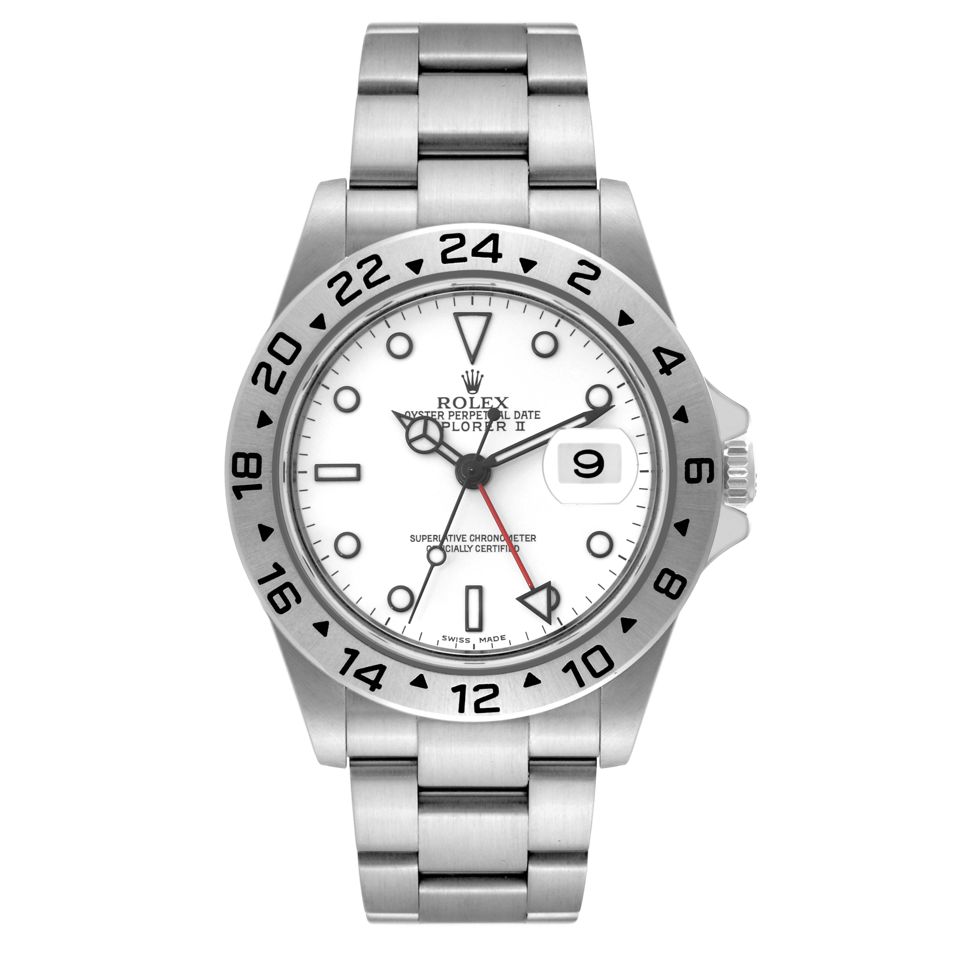 This is a front view of a Rolex Explorer 16570 Men's Stainless Steel White Dial 16570 Men's Stainless Steel White Dial watch, showcasing its white face, steel bracelet, and 24-hour bezel.