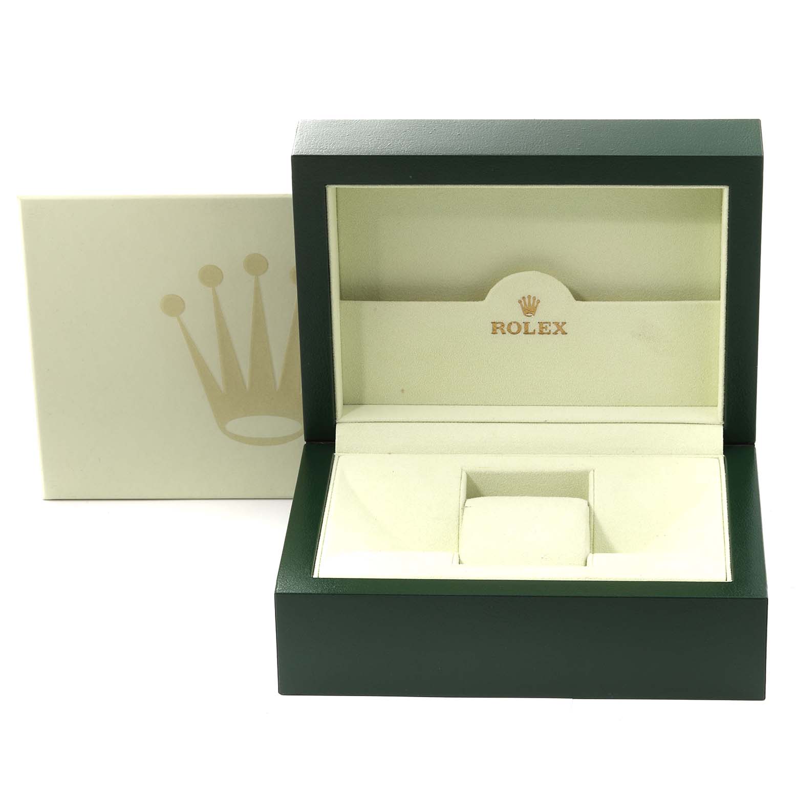 The image shows an open green box for the Rolex Explorer 216570 Men's Stainless Steel White Dial 216570 Men's Stainless Steel White Dial, with the brand logo and name on the inner lid.