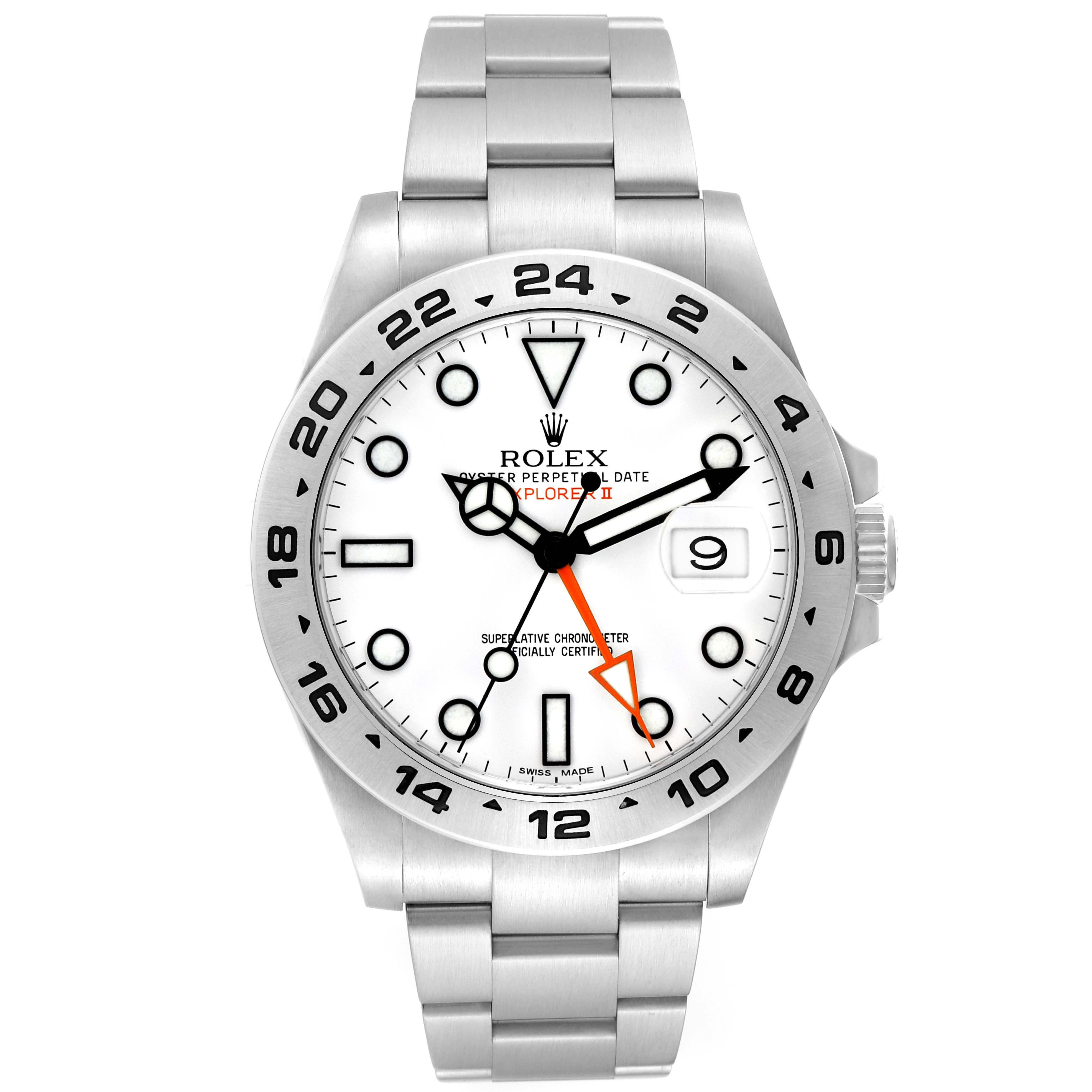 The Rolex Explorer 216570 Men's Stainless Steel White Dial 216570 Men's Stainless Steel White Dial model watch is shown from a front angle, featuring the dial, hands, bezel, case, and bracelet.
