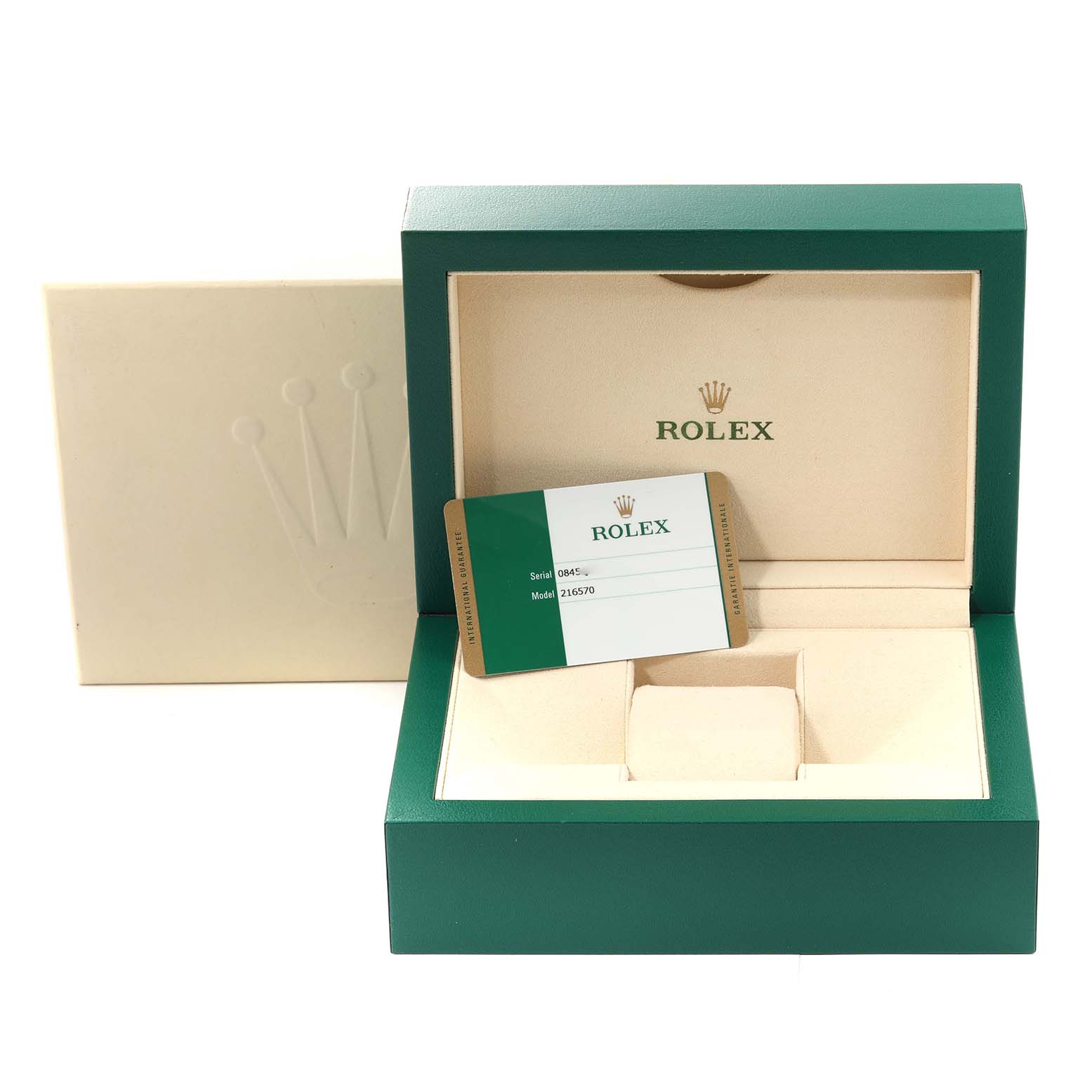 This image shows the open box and certification card for a Rolex Explorer 216570 Men's Stainless Steel White Dial 216570 Men's Stainless Steel White Dial watch.