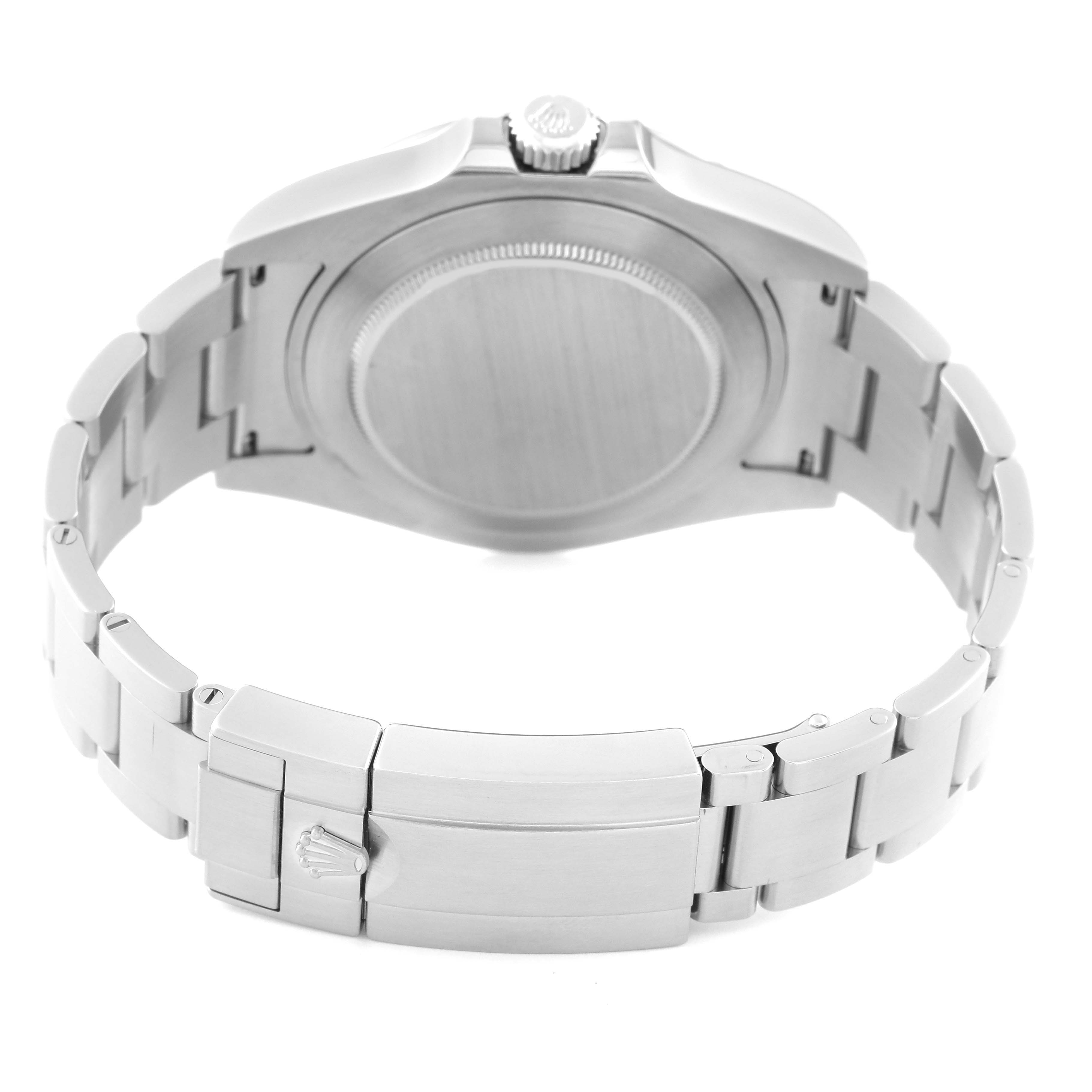 This image shows the backside, caseback, crown, and bracelet of a Rolex Explorer 216570 Men's Stainless Steel White Dial 216570 Men's Stainless Steel White Dial watch.