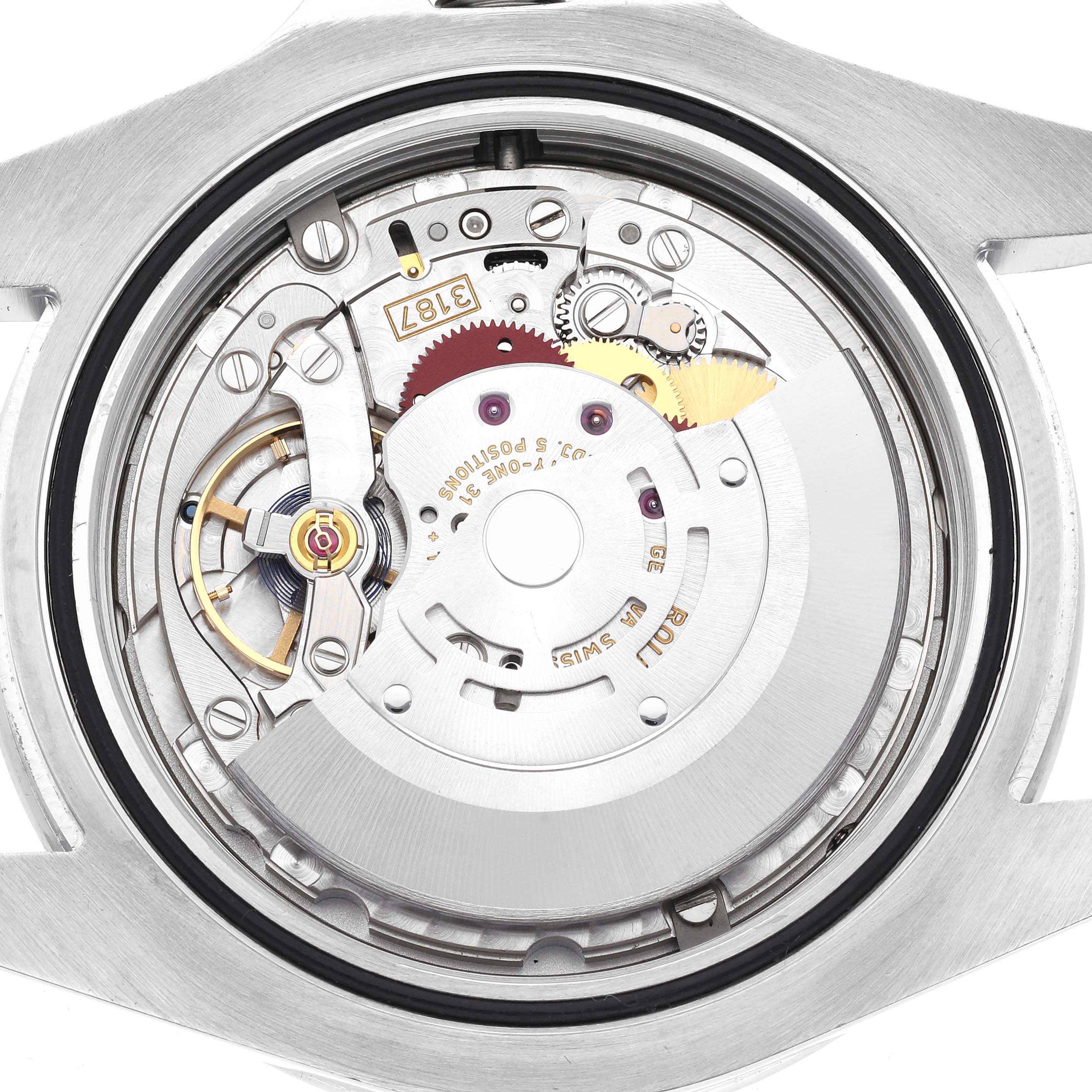 The image shows an inside look at the movement mechanism of a Rolex Explorer 216570 Men's Stainless Steel White Dial 216570 Men's Stainless Steel White Dial model watch from a top-down angle without the case back.