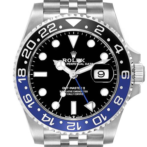 This image of a Rolex GMT-Master II watch shows the dial, hands, bezel, and part of the bracelet from a front view angle.