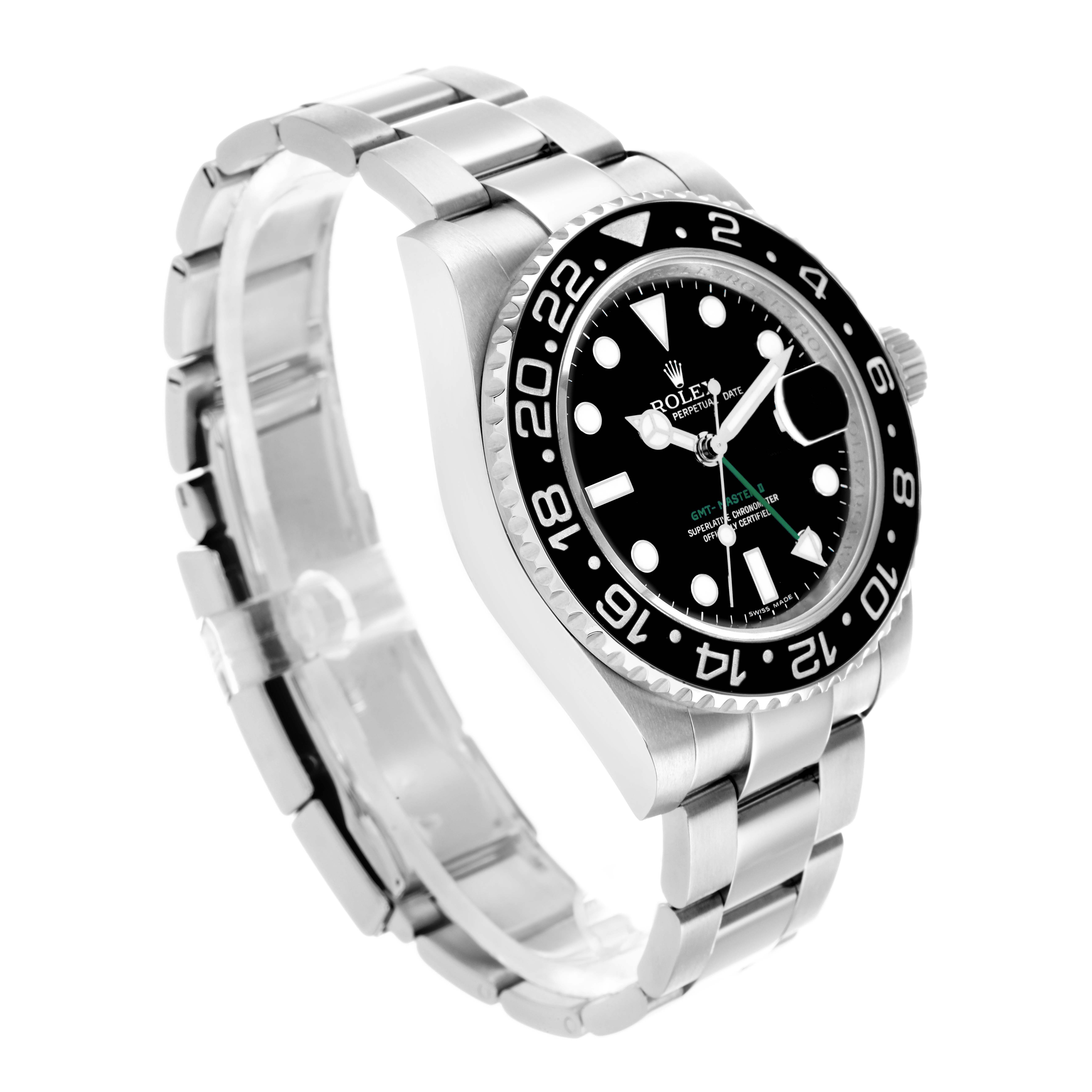 The Rolex GMT-Master 116710 Men's Stainless Steel Black Dial watch is shown at an angled side view, highlighting the bezel, dial, and bracelet.