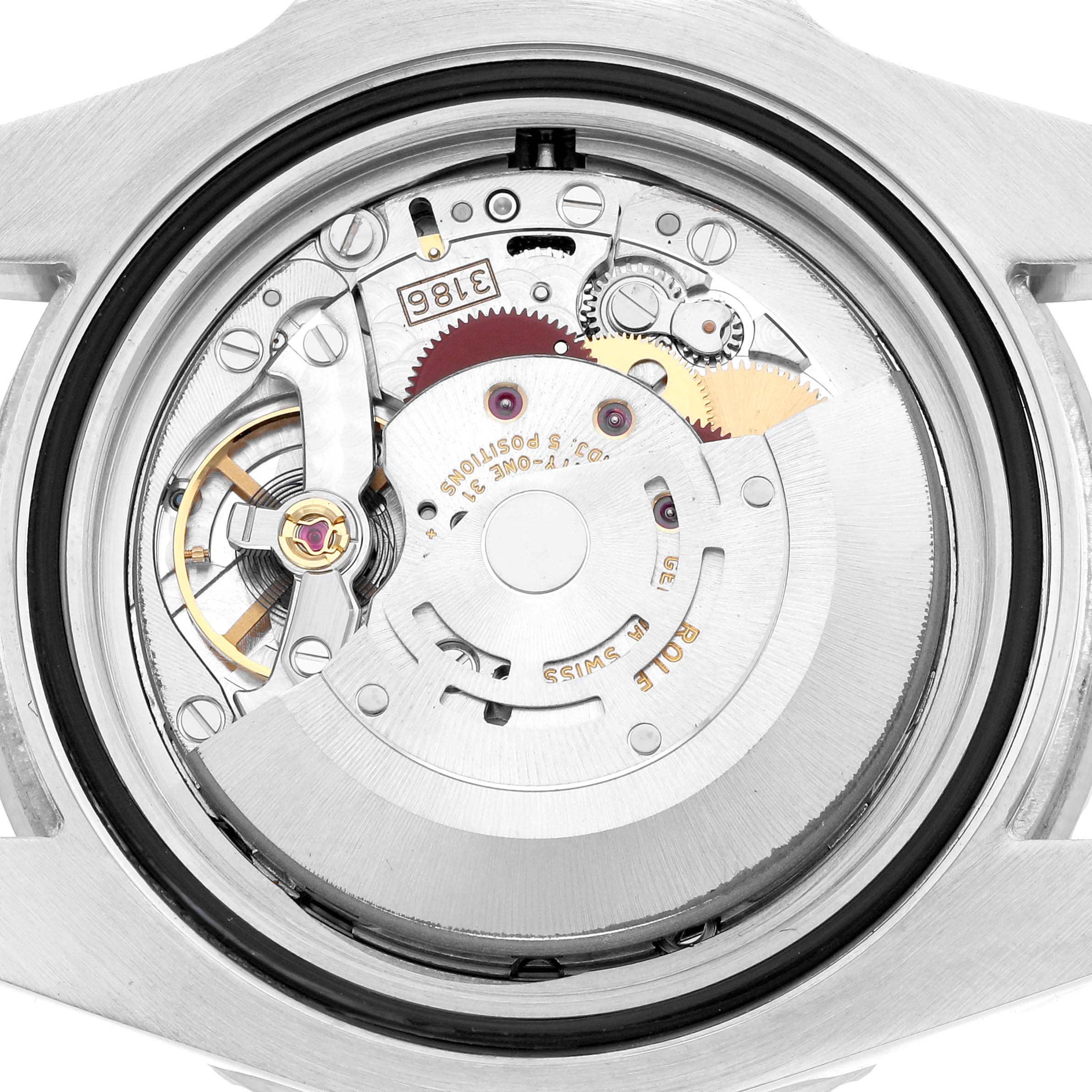 The image shows the back view of a Rolex GMT-Master 116710 Men's Stainless Steel Black Dial, highlighting its intricate movement mechanism and internal components.