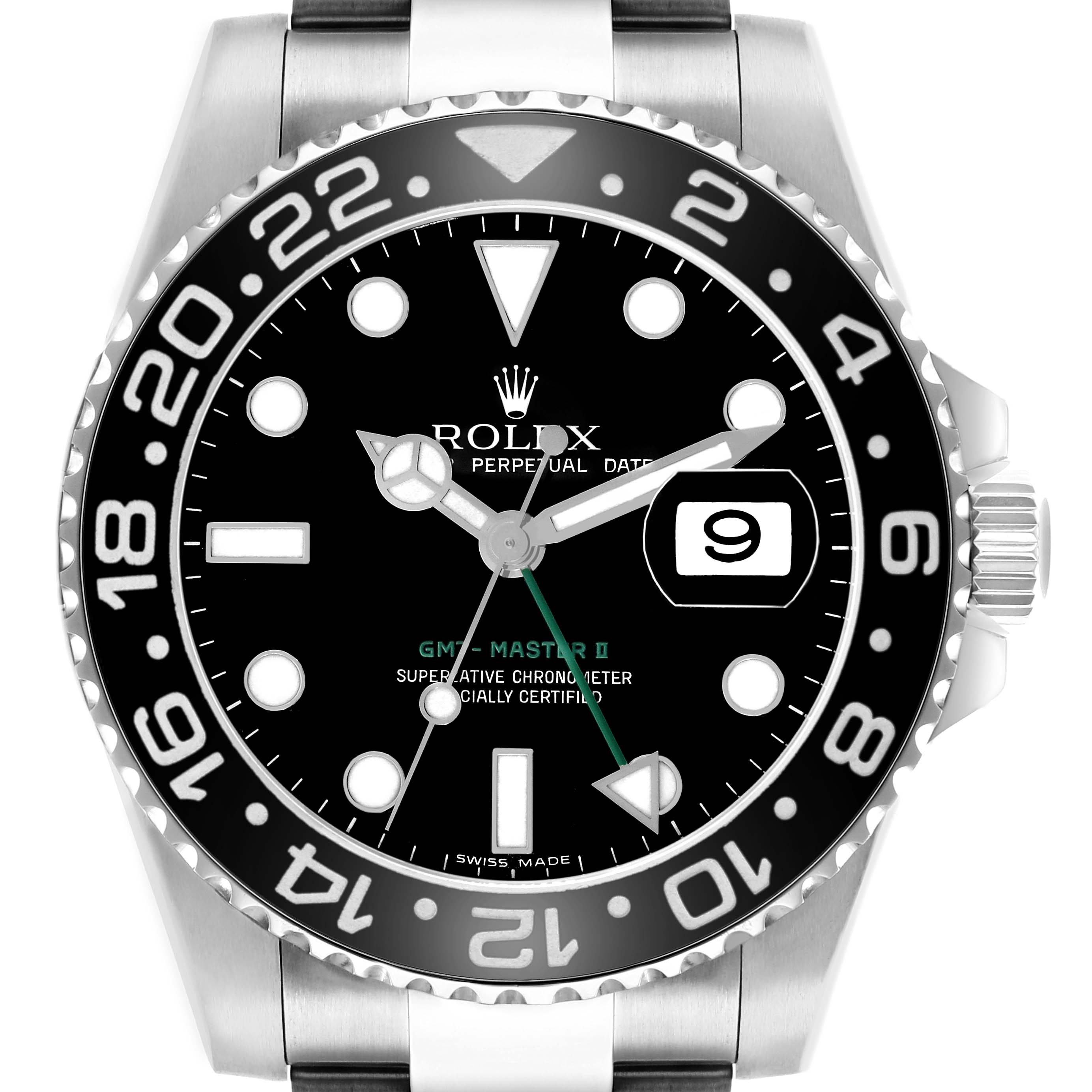 The Rolex GMT-Master 116710 Men's Stainless Steel Black Dial II watch is shown from the front, highlighting the bezel, dial, hands, date window, and part of the bracelet.