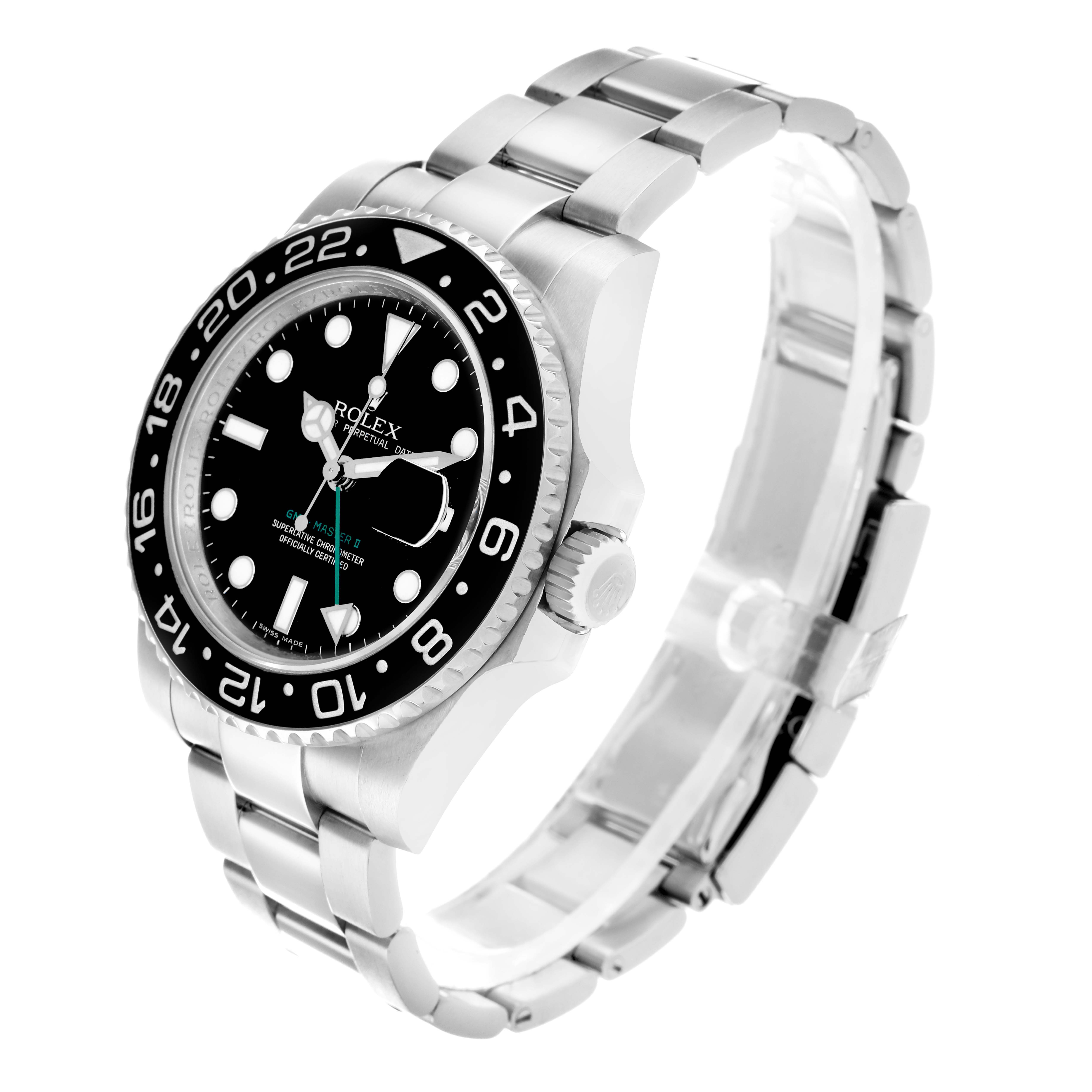 The Rolex GMT-Master 116710 Men's Stainless Steel Black Dial watch is shown at a three-quarter angle, displaying the face, bezel, case, and part of the bracelet.