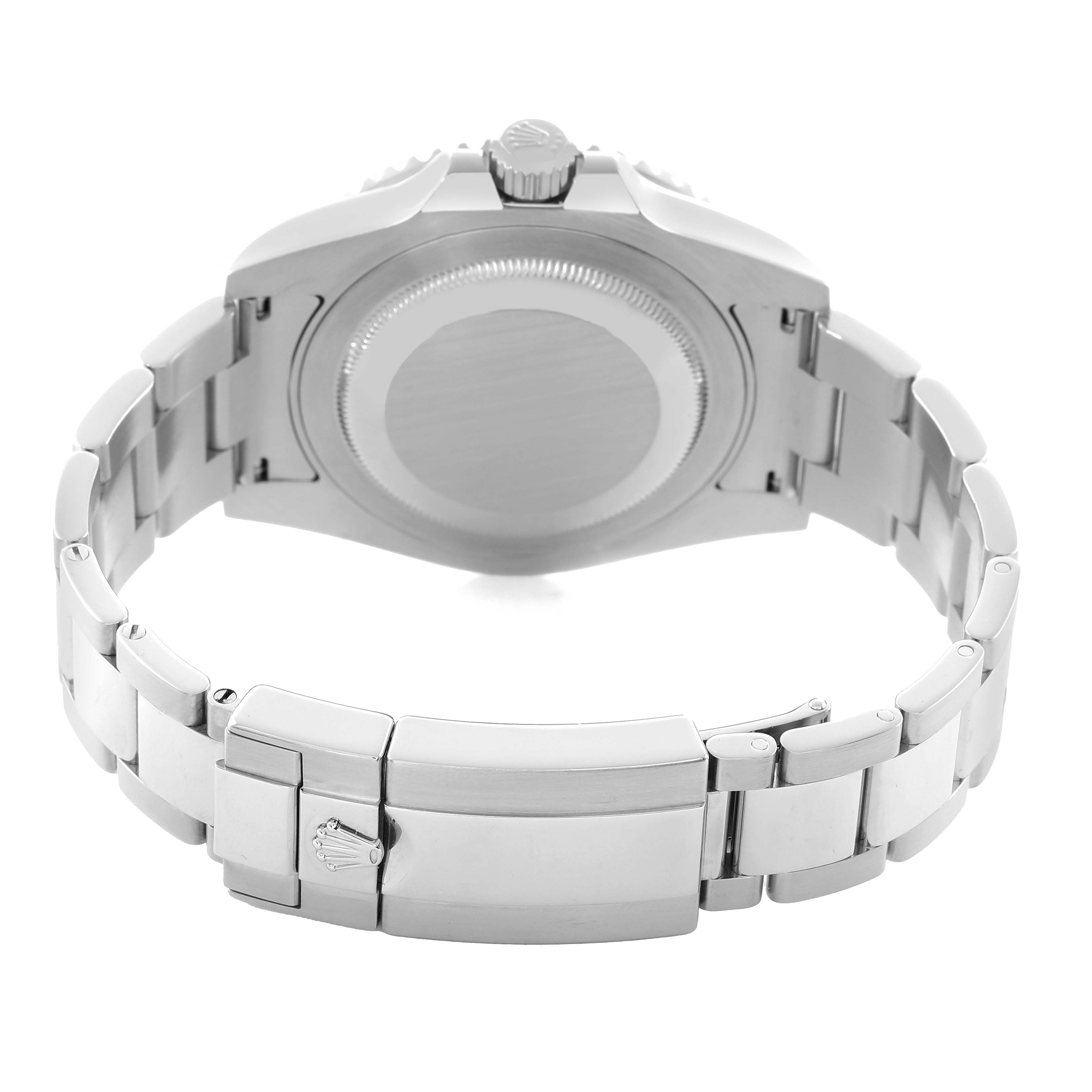 The image shows the back of the Rolex GMT-Master 116710 Men's Stainless Steel Black Dial, including the case back, crown, and the metal bracelet clasp.