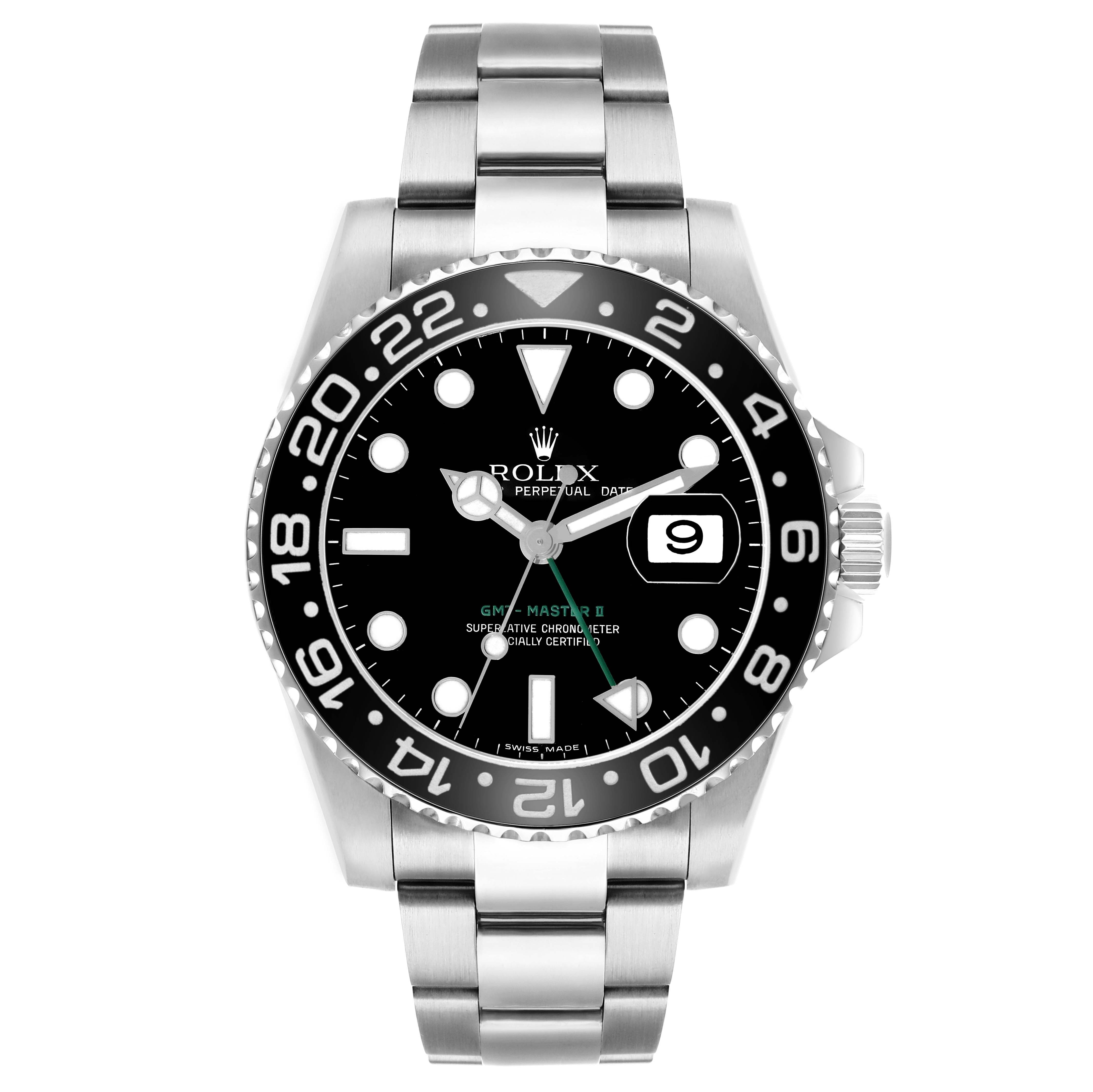 The Rolex GMT-Master 116710 Men's Stainless Steel Black Dial model is shown from a front angle, displaying the dial, bezel, and bracelet.