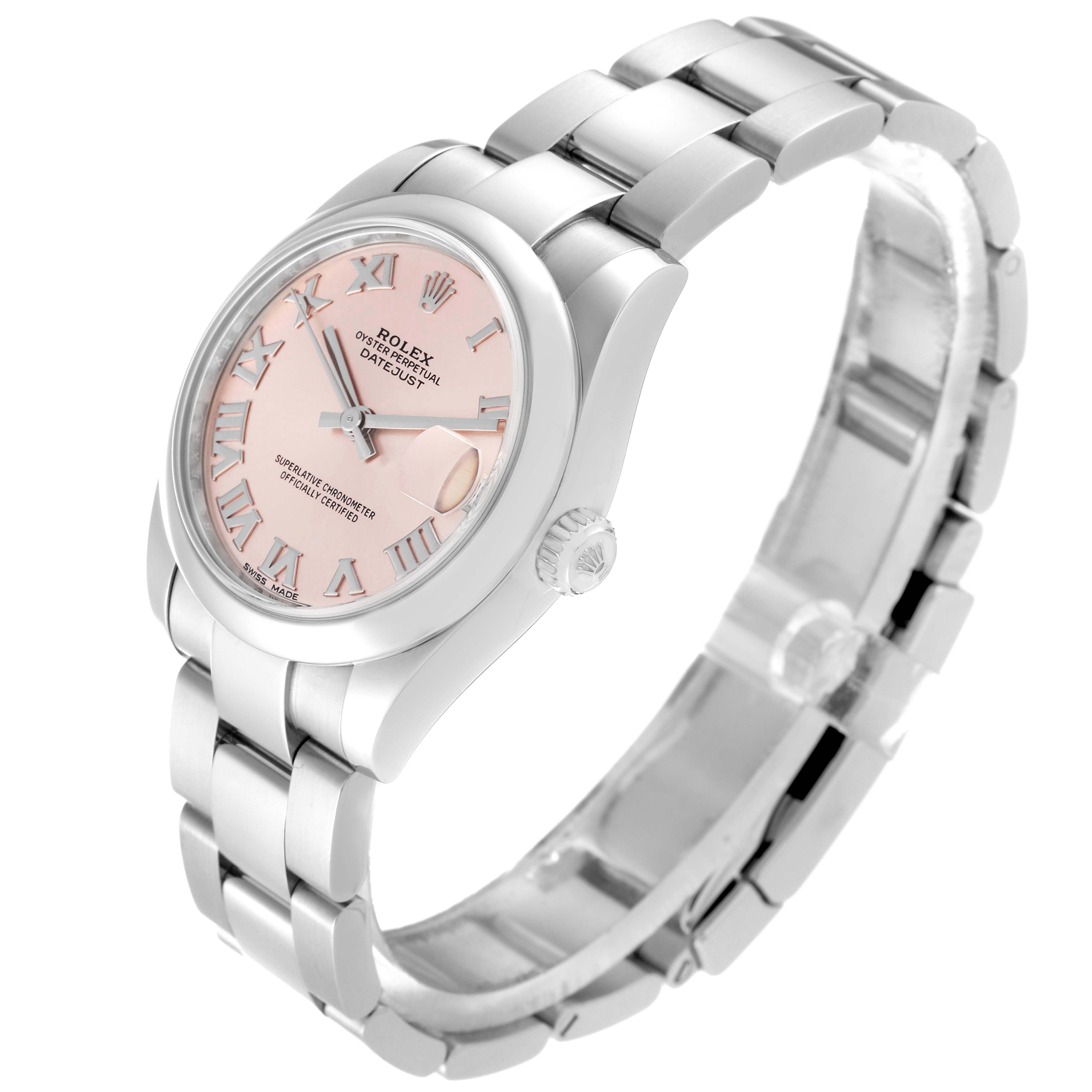 The Rolex Mid-Size 178240 Women's Stainless Steel Pink Dial 178240 Women's Stainless Steel Pink Dial model is shown at a three-quarter angle displaying its bracelet, crown, and pink dial with Roman numerals.