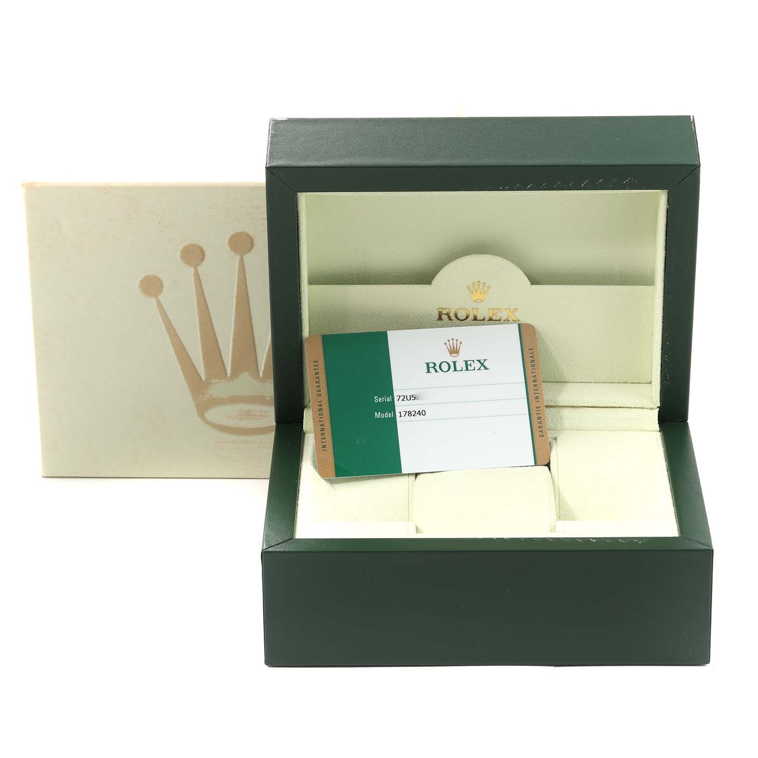 The image shows an open Rolex watch box with a warranty card for the Mid-Size model 178240.