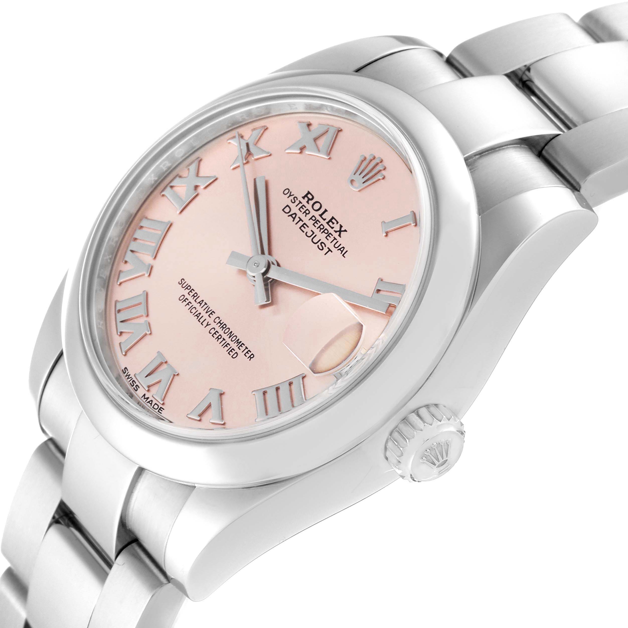 The Rolex Mid-Size 178240 Women's Stainless Steel Pink Dial 178240 Women's Stainless Steel Pink Dial model is shown at an angled view, highlighting the pink dial, bezel, crown, and part of the bracelet.