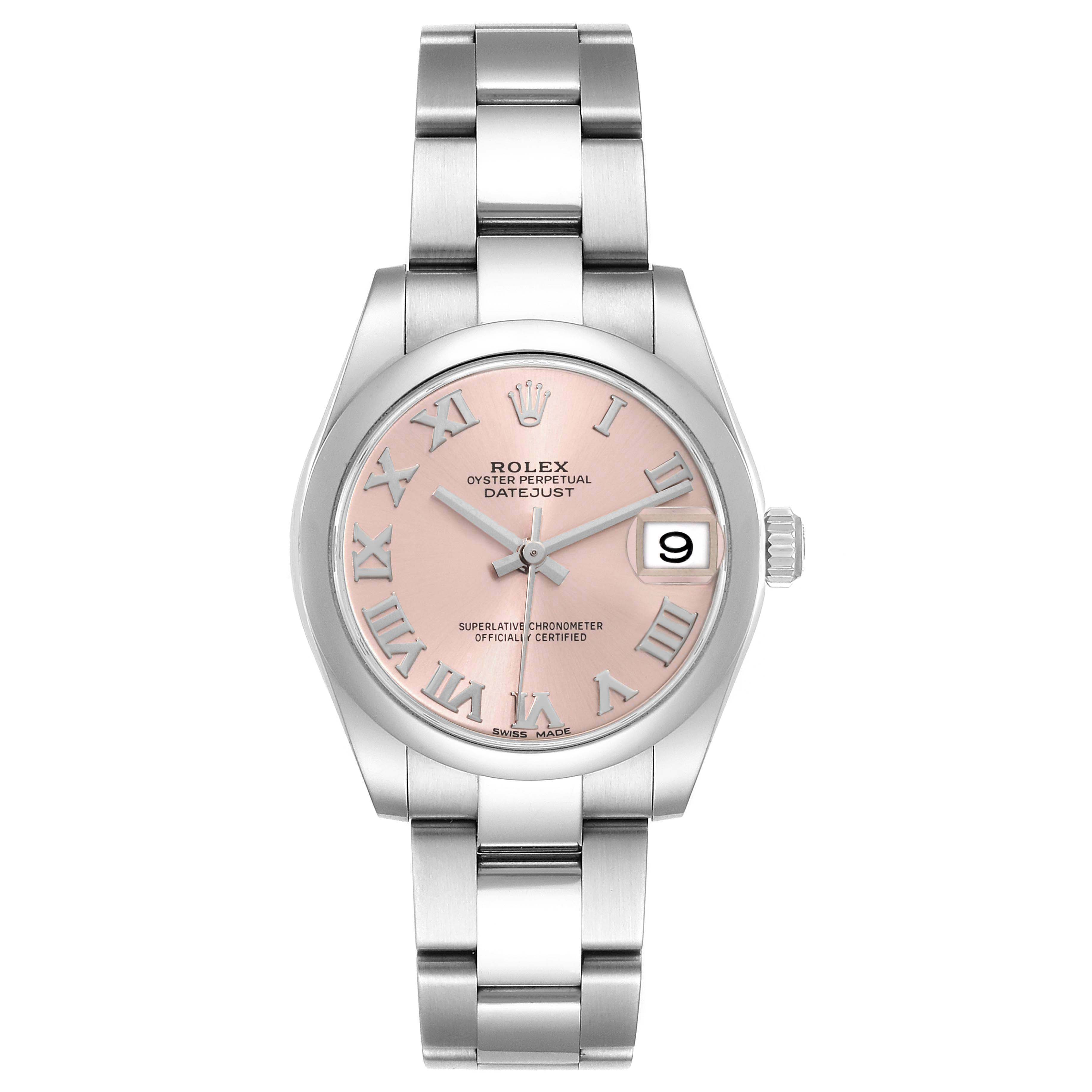 The Rolex Mid-Size 178240 Women's Stainless Steel Pink Dial 178240 Women's Stainless Steel Pink Dial Datejust watch is shown from a front angle, displaying the dial, case, and bracelet.