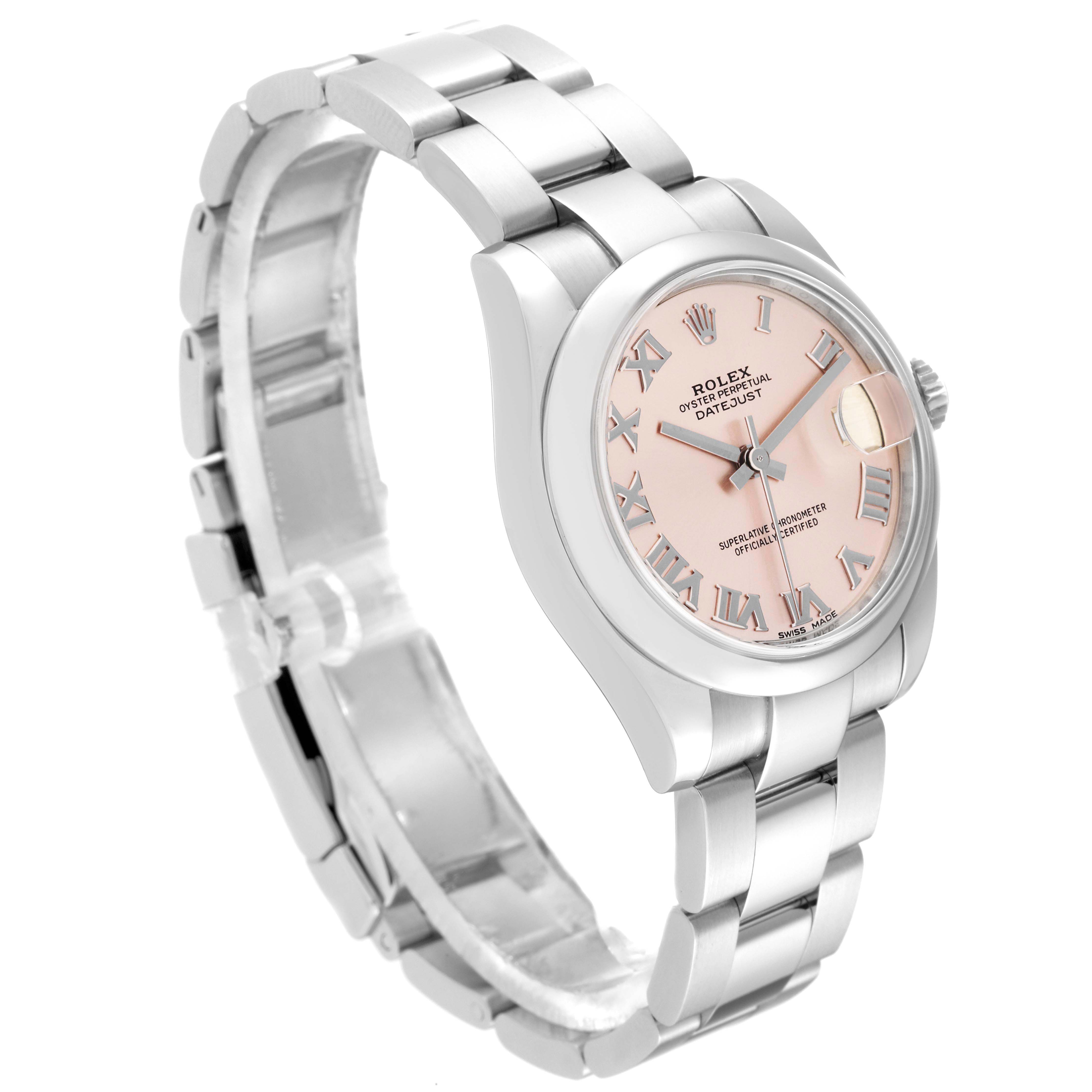 The Rolex Mid-Size 178240 Women's Stainless Steel Pink Dial 178240 Women's Stainless Steel Pink Dial model is shown at a three-quarter angle, displaying its dial, bezel, case, and bracelet.