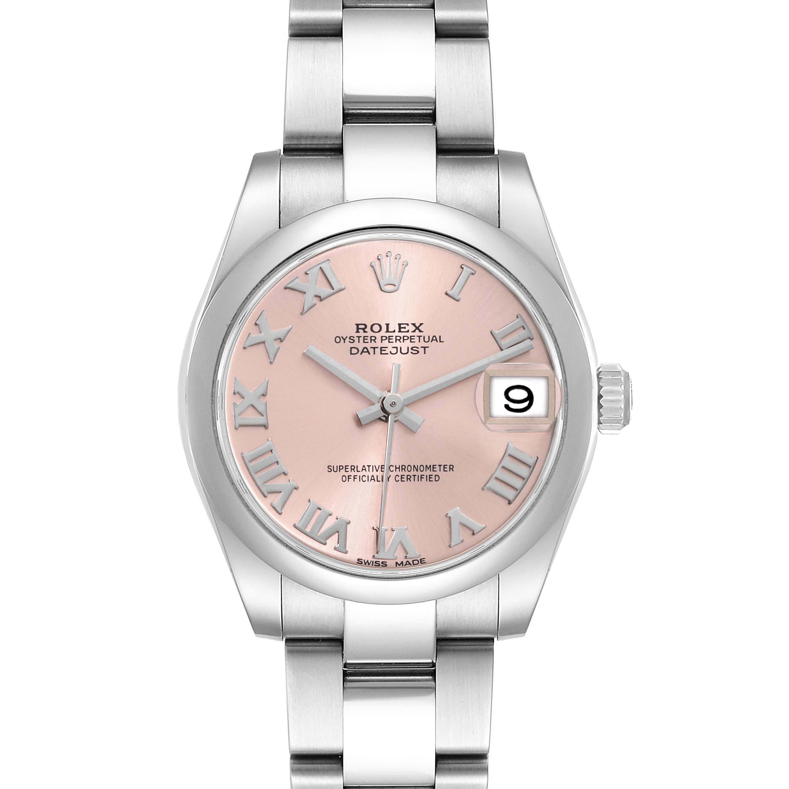 The Rolex Mid-Size 178240 Women's Stainless Steel Pink Dial 178240 Women's Stainless Steel Pink Dial Datejust watch is shown from the front, displaying the dial, bezel, crown, and bracelet.