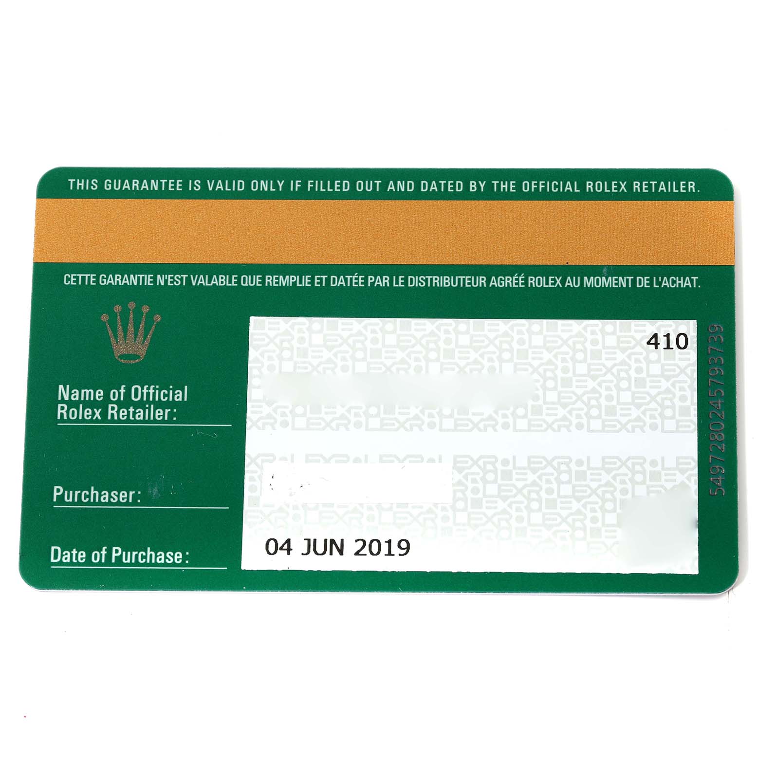 This image shows a green and gold warranty card for a Mid-Size Rolex watch, detailing the official retailer and purchase date.
