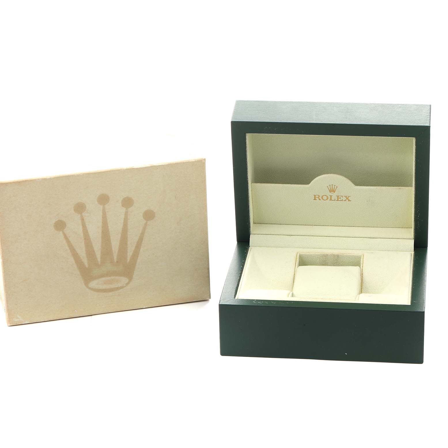 The image shows a Rolex Oyster Perpetual 116034 Men's Stainless Steel Blue Dial watch box and a beige outer box with the Rolex crown logo.