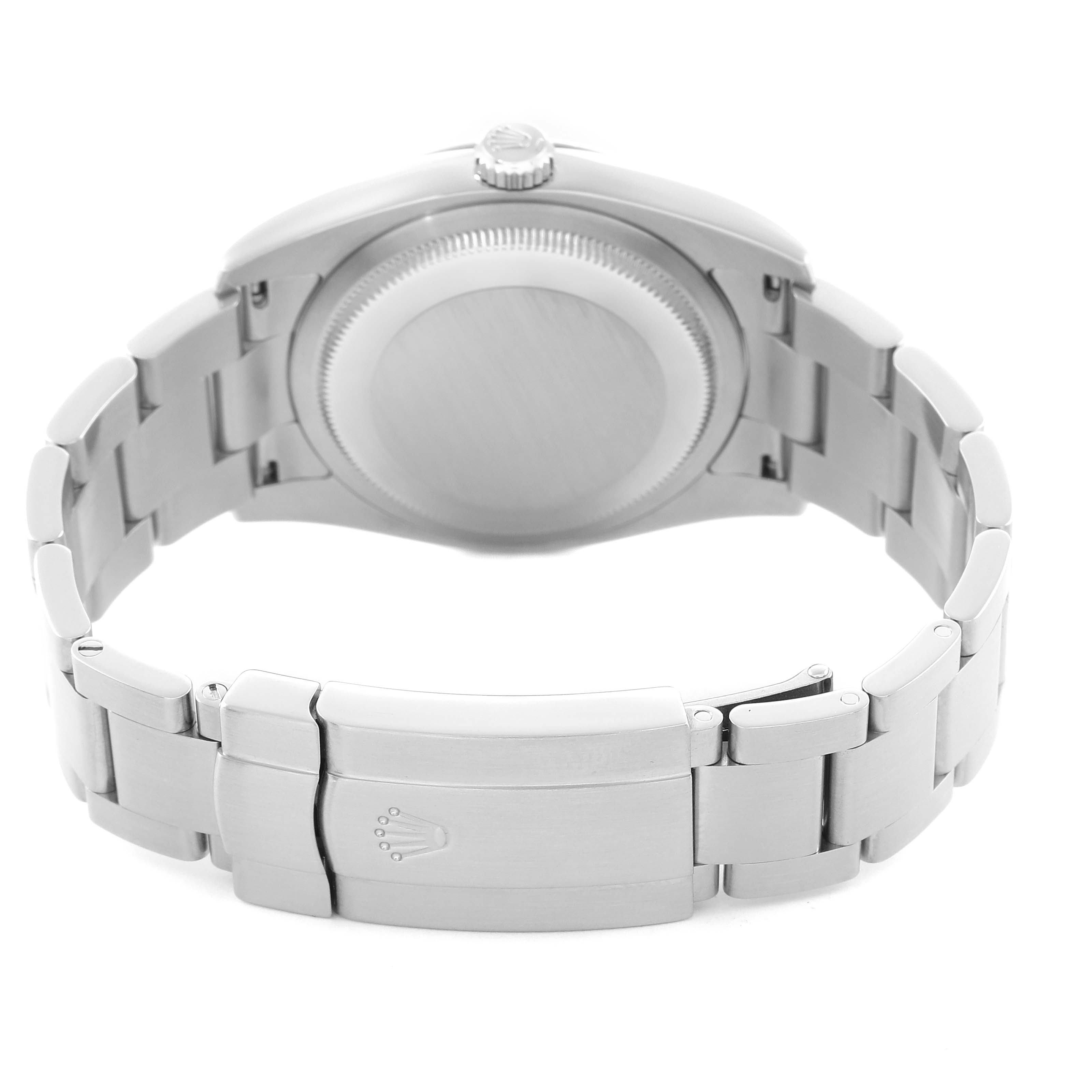 The image shows the back view of a Rolex Oyster Perpetual 116034 Men's Stainless Steel Blue Dial watch, highlighting the clasp, bracelet, and case back.