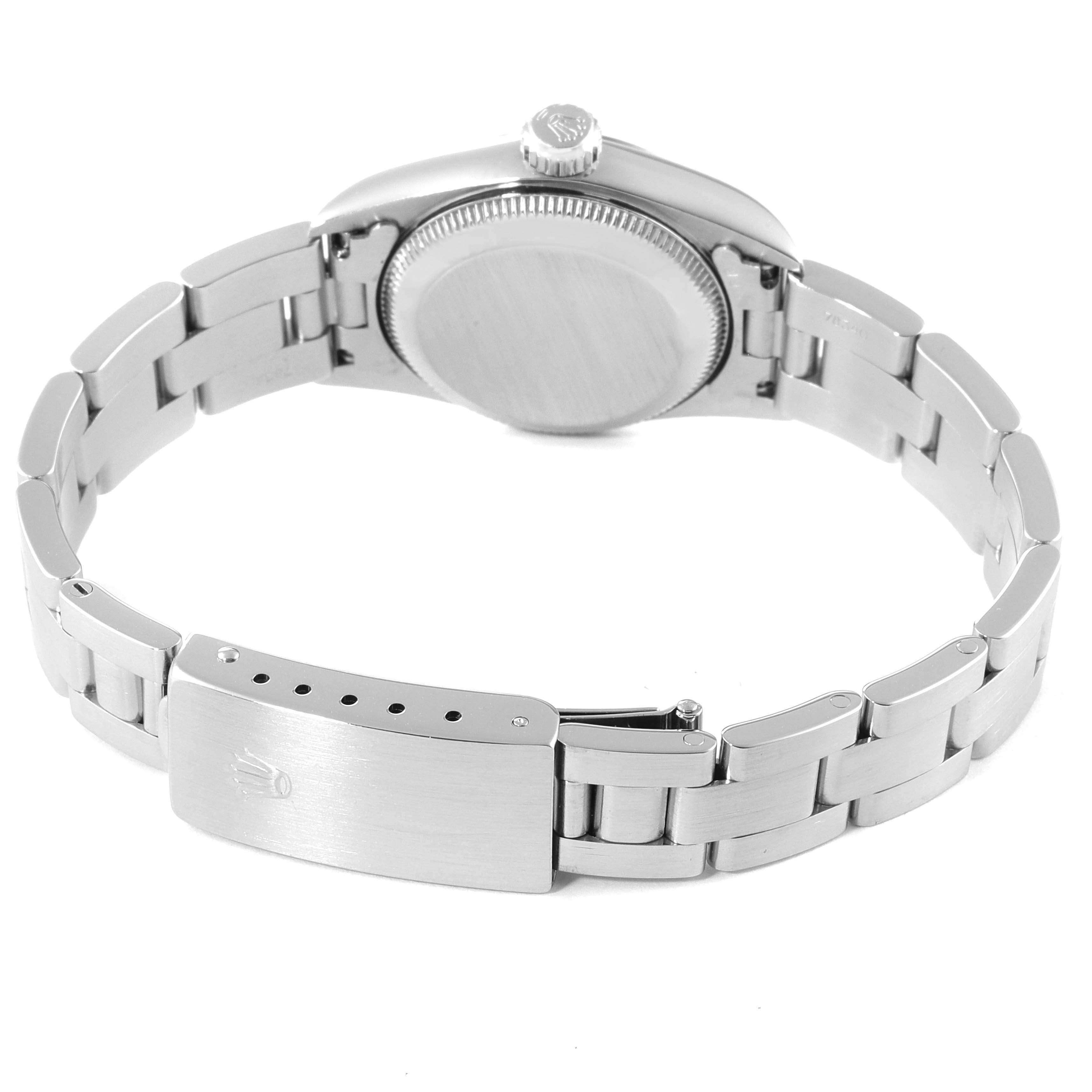 This image shows the back view of a Rolex Oyster Perpetual 67180 Women's Stainless Steel Blue Dial 67180 Women's Stainless Steel Blue Dial watch, focusing on the case back and bracelet with clasp.