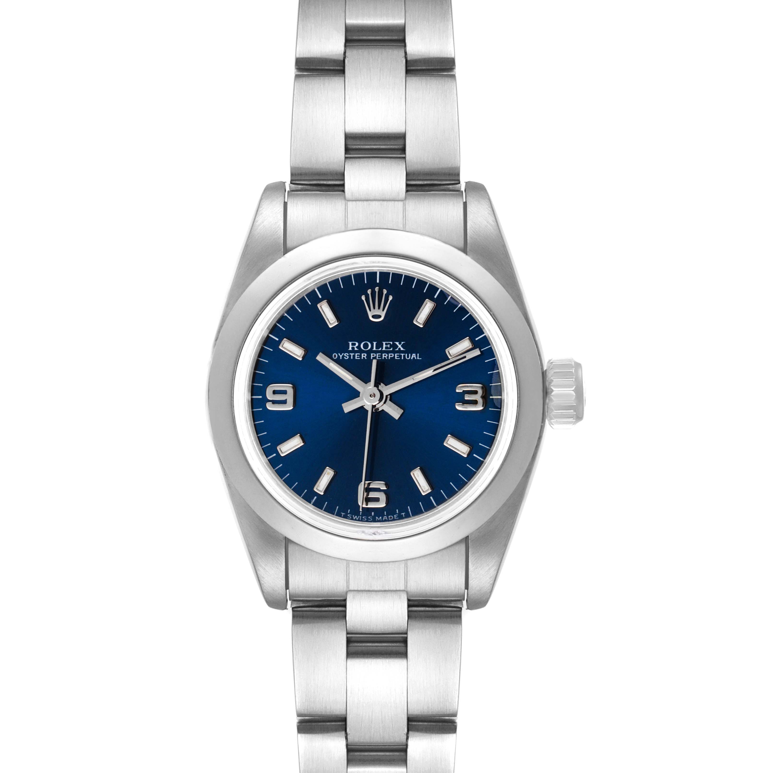 This image shows a front view of a Rolex Oyster Perpetual 67180 Women's Stainless Steel Blue Dial 67180 Women's Stainless Steel Blue Dial watch, displaying its dial, hands, case, and bracelet.