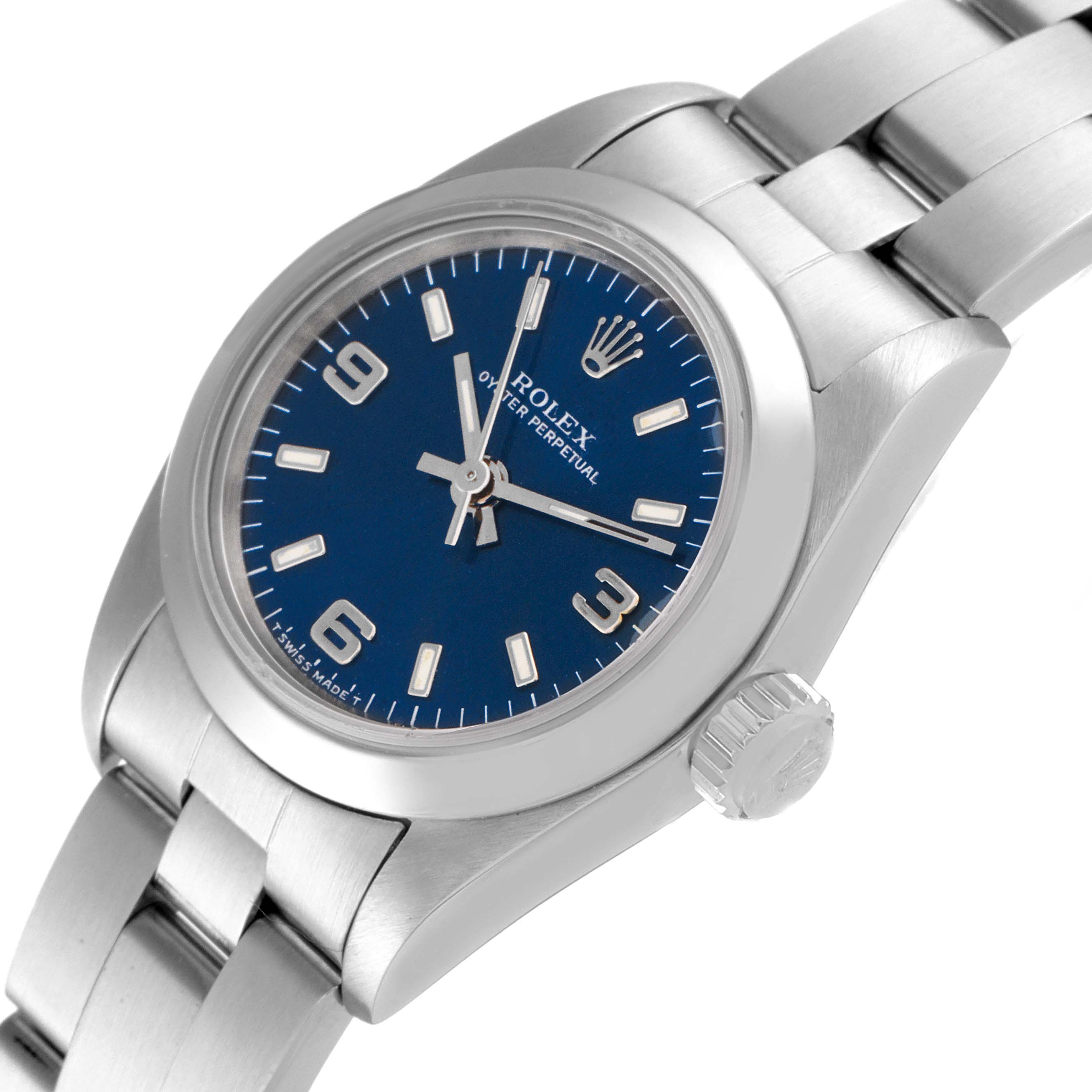 The image shows a Rolex Oyster Perpetual 67180 Women's Stainless Steel Blue Dial 67180 Women's Stainless Steel Blue Dial watch with a blue dial, photographed from an oblique angle.