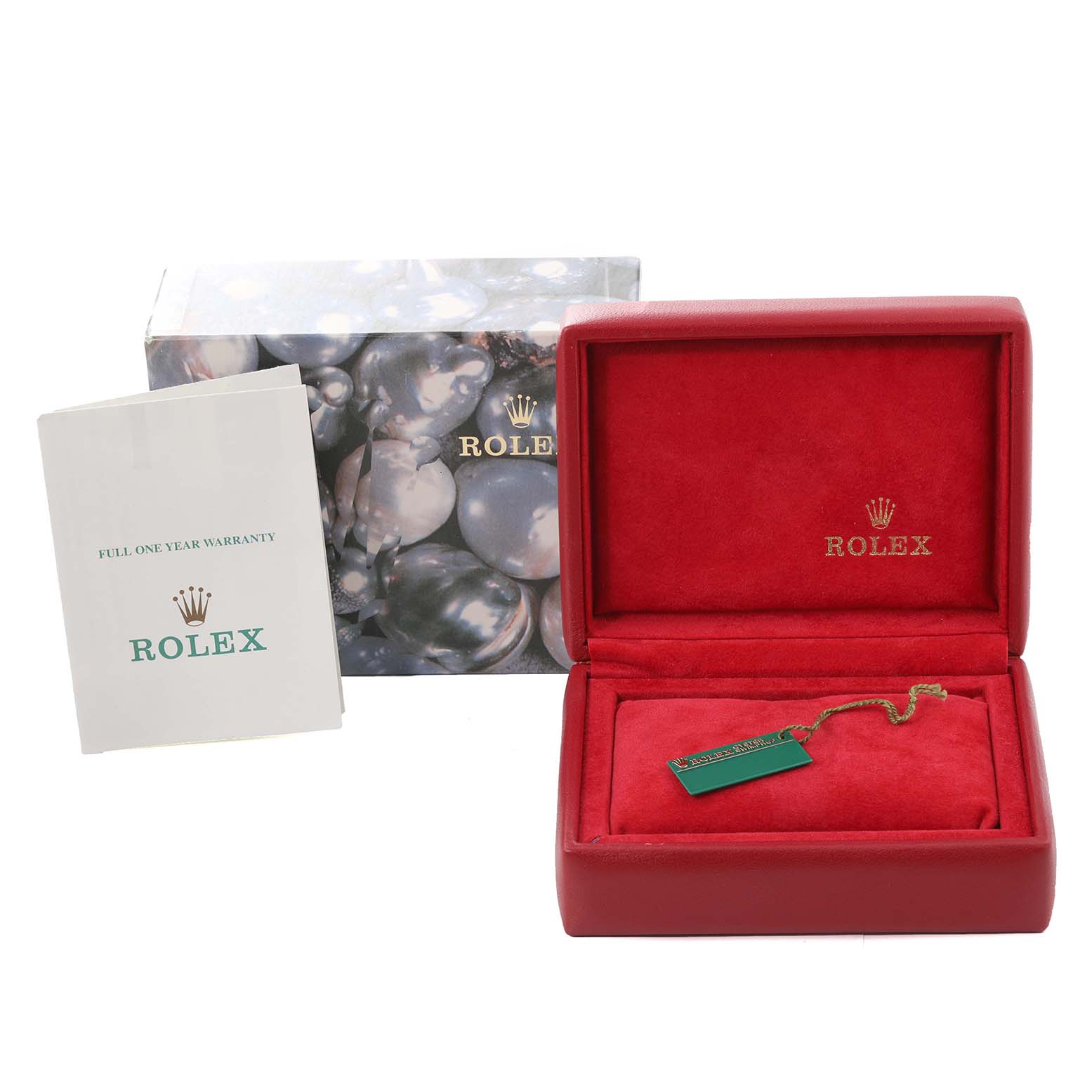 The image shows the packaging, including the box, warranty booklet, and tag for a Rolex Oyster Perpetual 67230 Women's Stainless Steel Pink Dial 67230 Women's Stainless Steel Pink Dial watch.