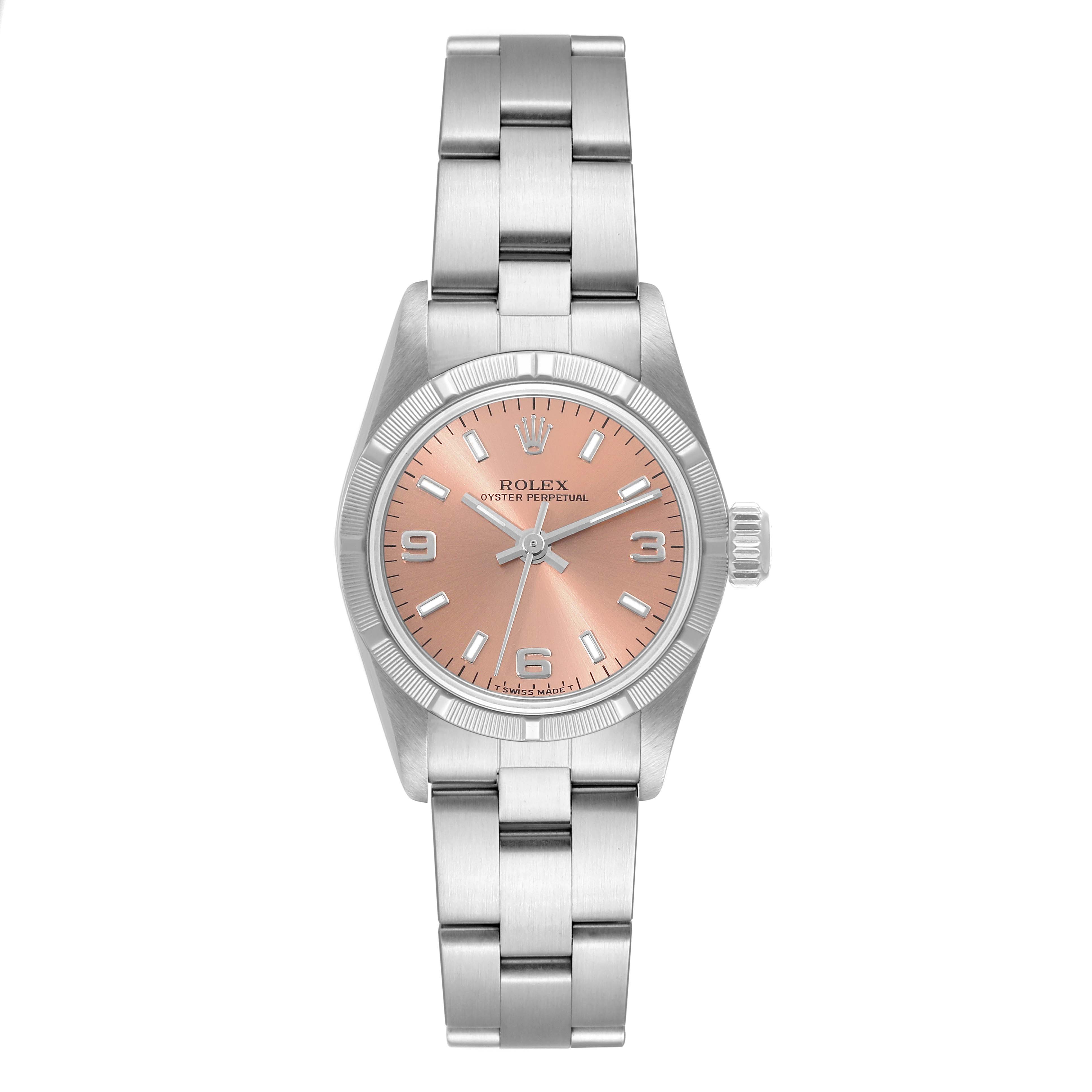 This image shows a front view of a Rolex Oyster Perpetual 67230 Women's Stainless Steel Pink Dial 67230 Women's Stainless Steel Pink Dial watch with a pink dial and metal bracelet.