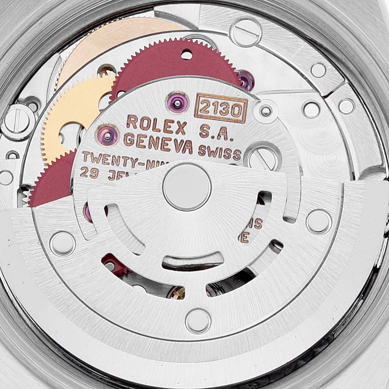 This image shows the internal mechanism and movement of a Rolex Oyster Perpetual 67230 Women's Stainless Steel Pink Dial 67230 Women's Stainless Steel Pink Dial model watch from a top-down angle.