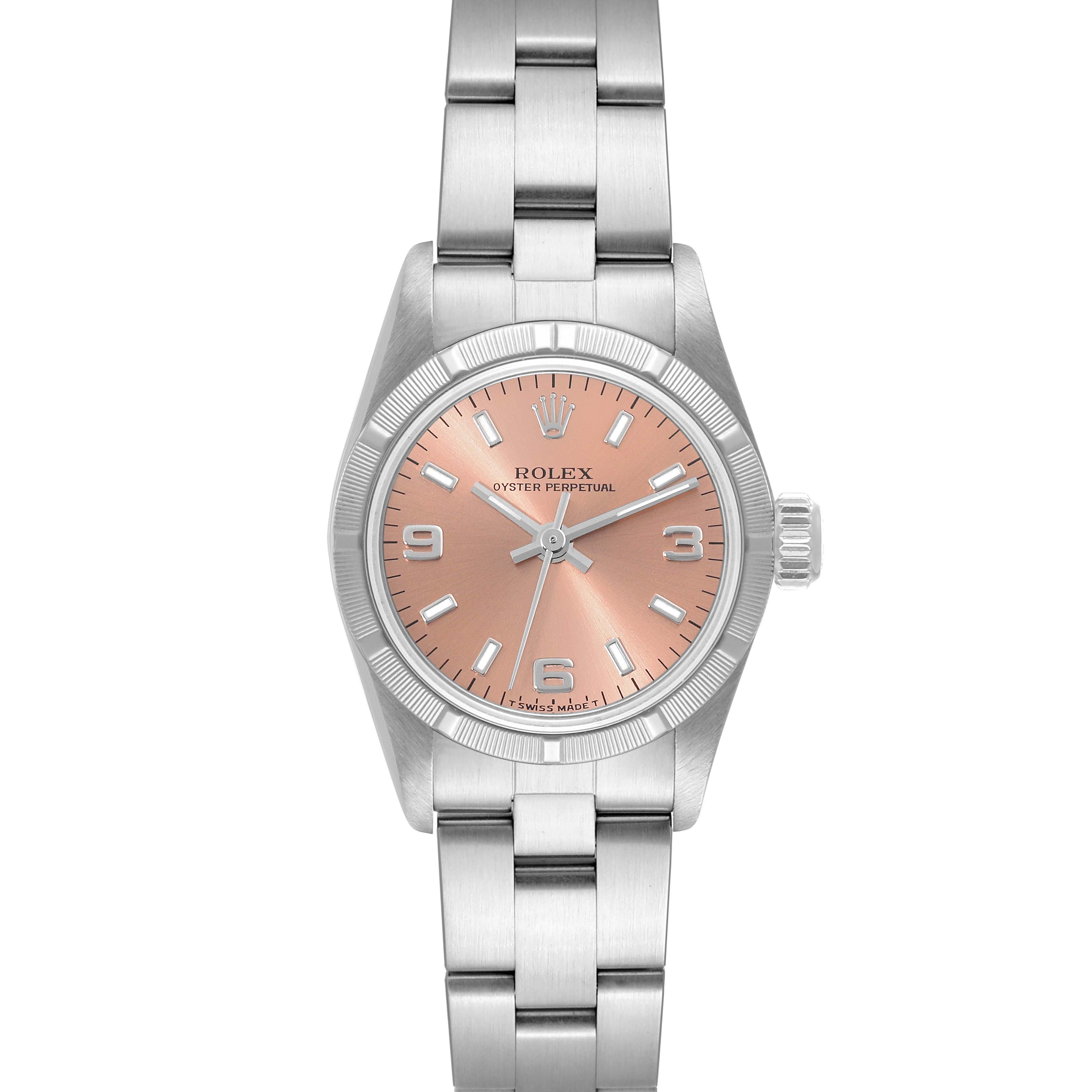 This image shows a front view of a Rolex Oyster Perpetual 67230 Women's Stainless Steel Pink Dial 67230 Women's Stainless Steel Pink Dial watch, featuring its dial, bezel, crown, and bracelet.
