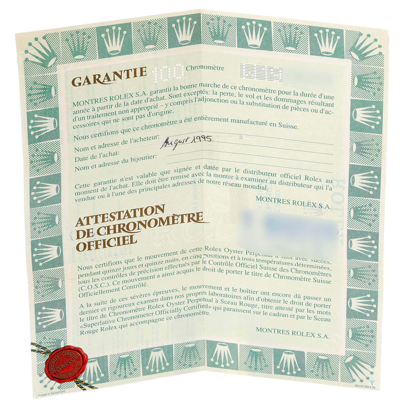 This is a warranty certificate and chronometer certification for a Rolex Pearlmaster 69298 Women's Yellow Gold Champagne Dial 69298 Women's Yellow Gold Champagne Dial watch, showing its guarantee and official chronometer attestation.