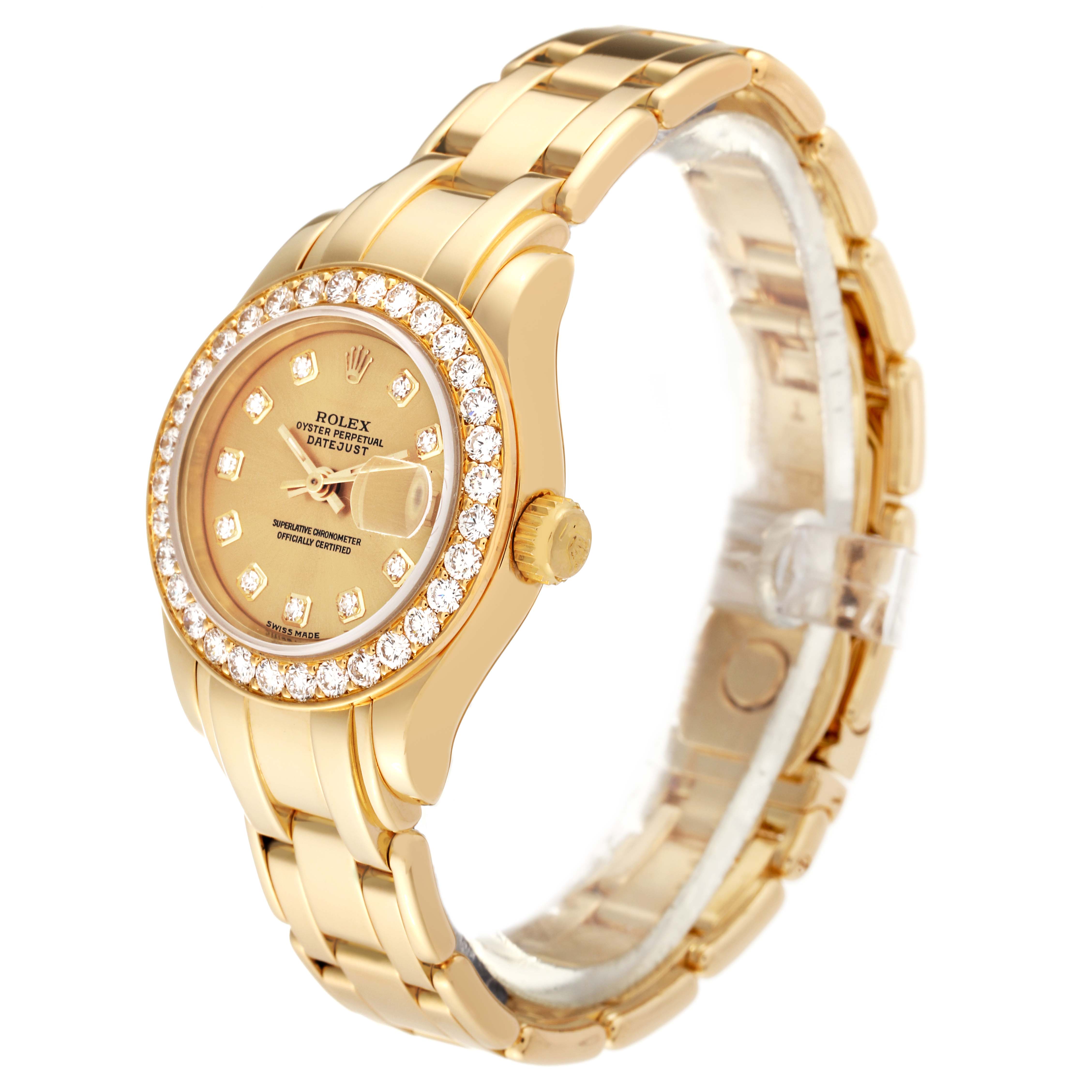 The Rolex Pearlmaster 69298 Women's Yellow Gold Champagne Dial 69298 Women's Yellow Gold Champagne Dial watch is shown at a three-quarter angle, displaying its face, bezel, case, and bracelet.