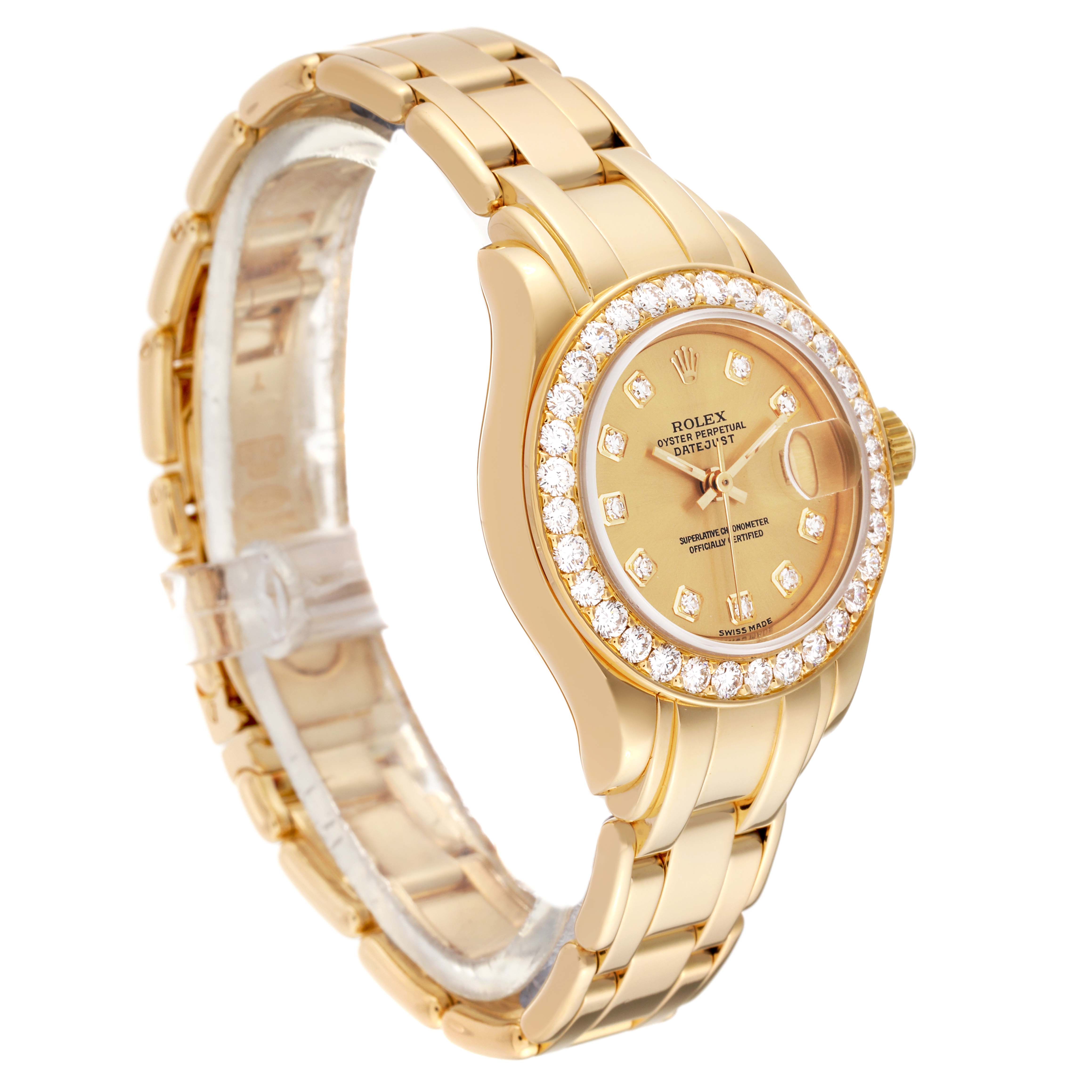 The image shows a Rolex Pearlmaster 69298 Women's Yellow Gold Champagne Dial 69298 Women's Yellow Gold Champagne Dial watch at a slight angle, highlighting the case, bracelet, and diamond-studded bezel.