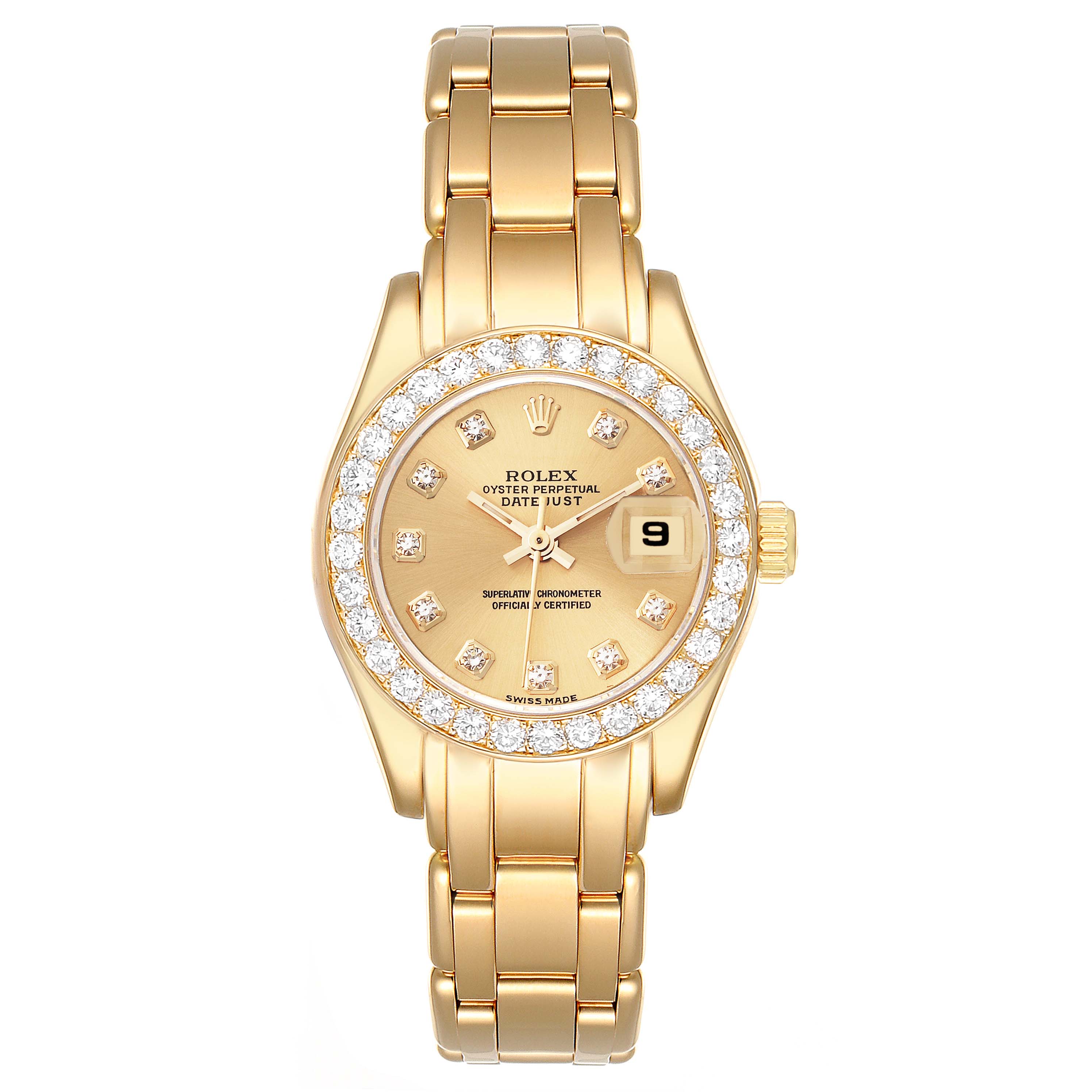 The image shows a Rolex Pearlmaster 69298 Women's Yellow Gold Champagne Dial 69298 Women's Yellow Gold Champagne Dial watch from a top-down angle, highlighting its gold bracelet, diamond-encrusted bezel, and date display.