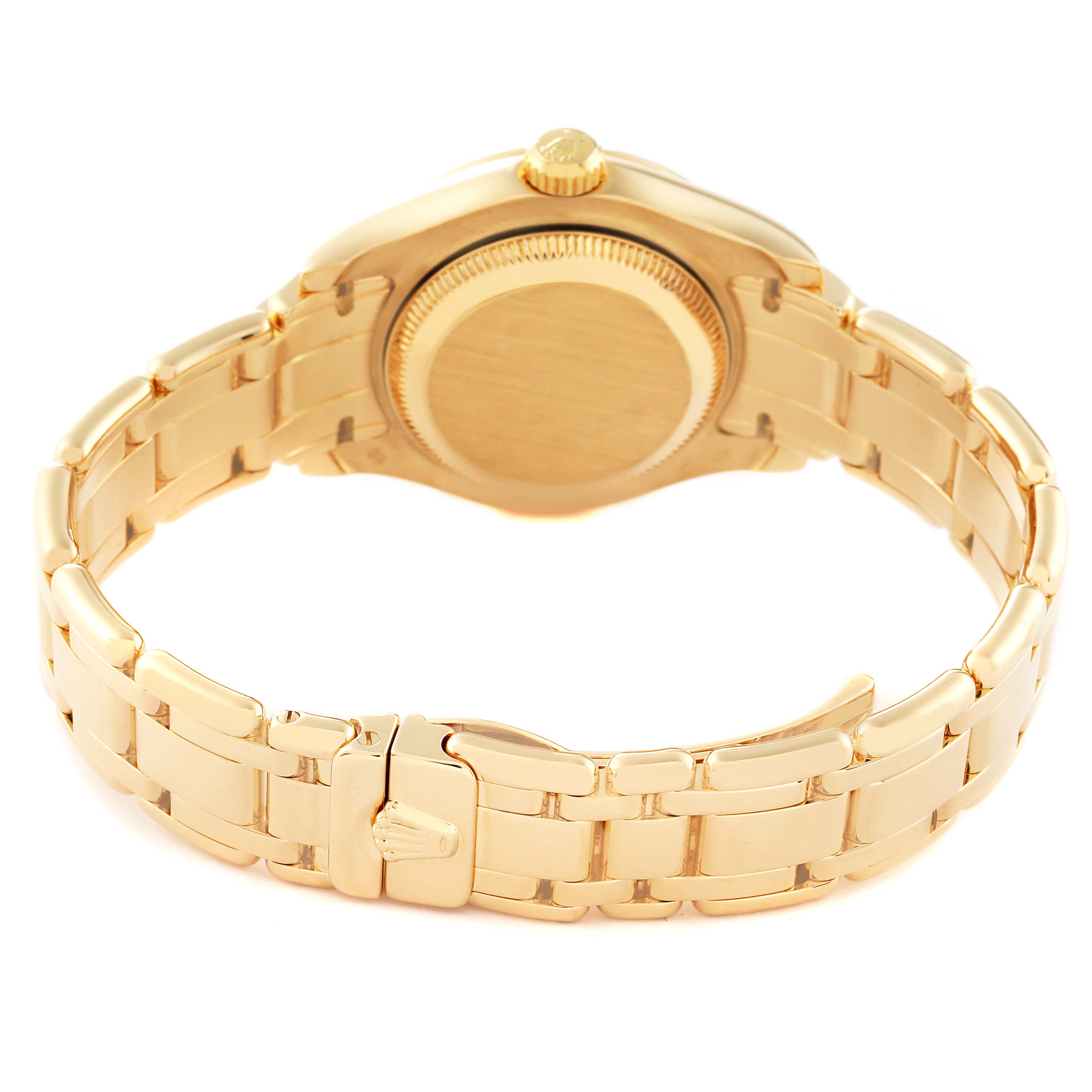This image shows the back view of a Rolex Pearlmaster 69298 Women's Yellow Gold Champagne Dial 69298 Women's Yellow Gold Champagne Dial watch, highlighting its gold bracelet and case back.