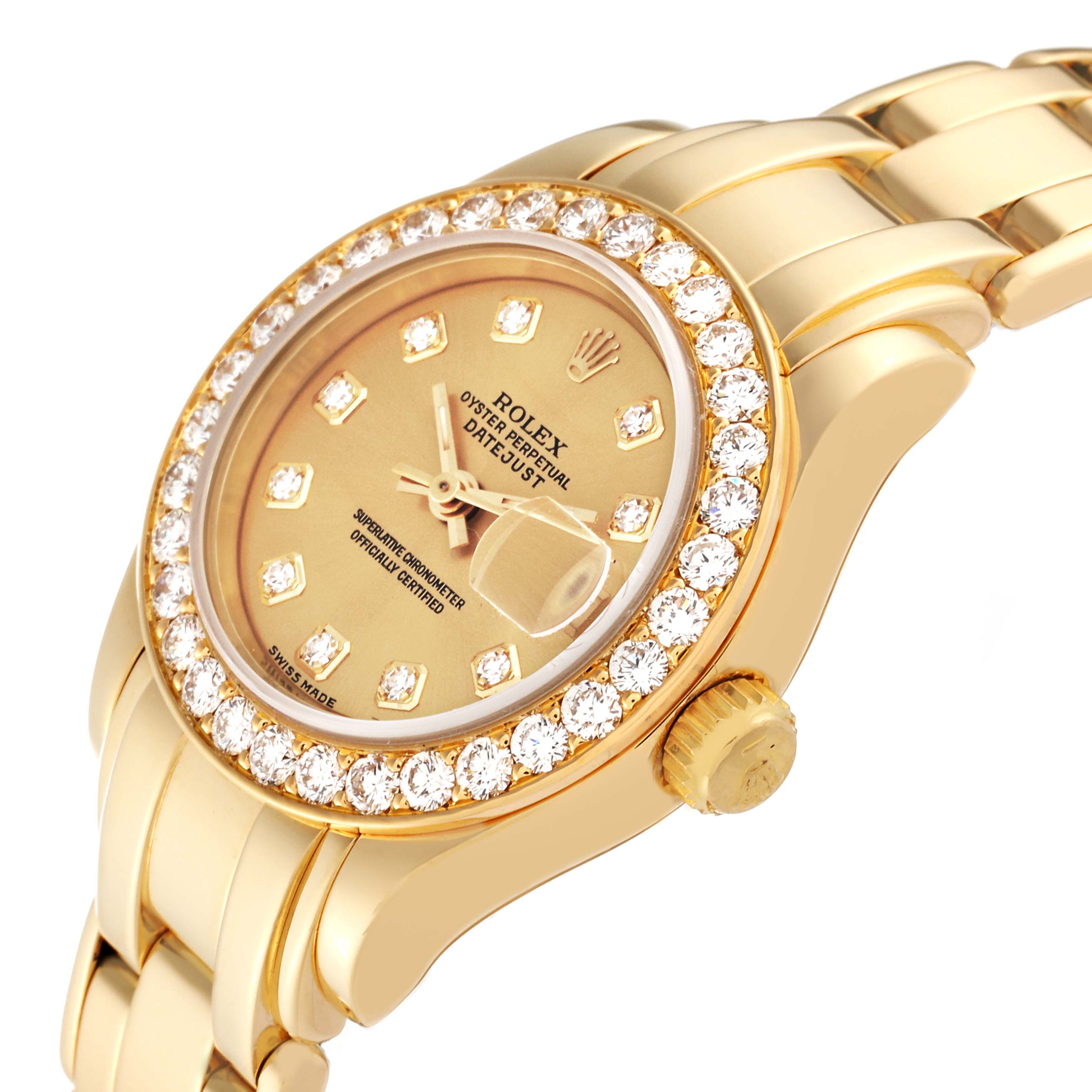 The image shows a close-up, angled view of the Rolex Pearlmaster 69298 Women's Yellow Gold Champagne Dial 69298 Women's Yellow Gold Champagne Dial watch, highlighting the diamond-studded bezel and gold bracelet.