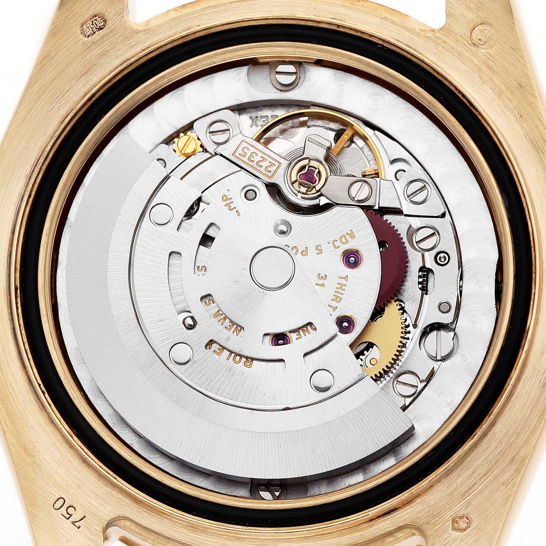 This image shows the internal movement and mechanisms of a Rolex Pearlmaster 81338 Women
s Yellow Gold Mother of Pearl Dial watch from a top-down angle.