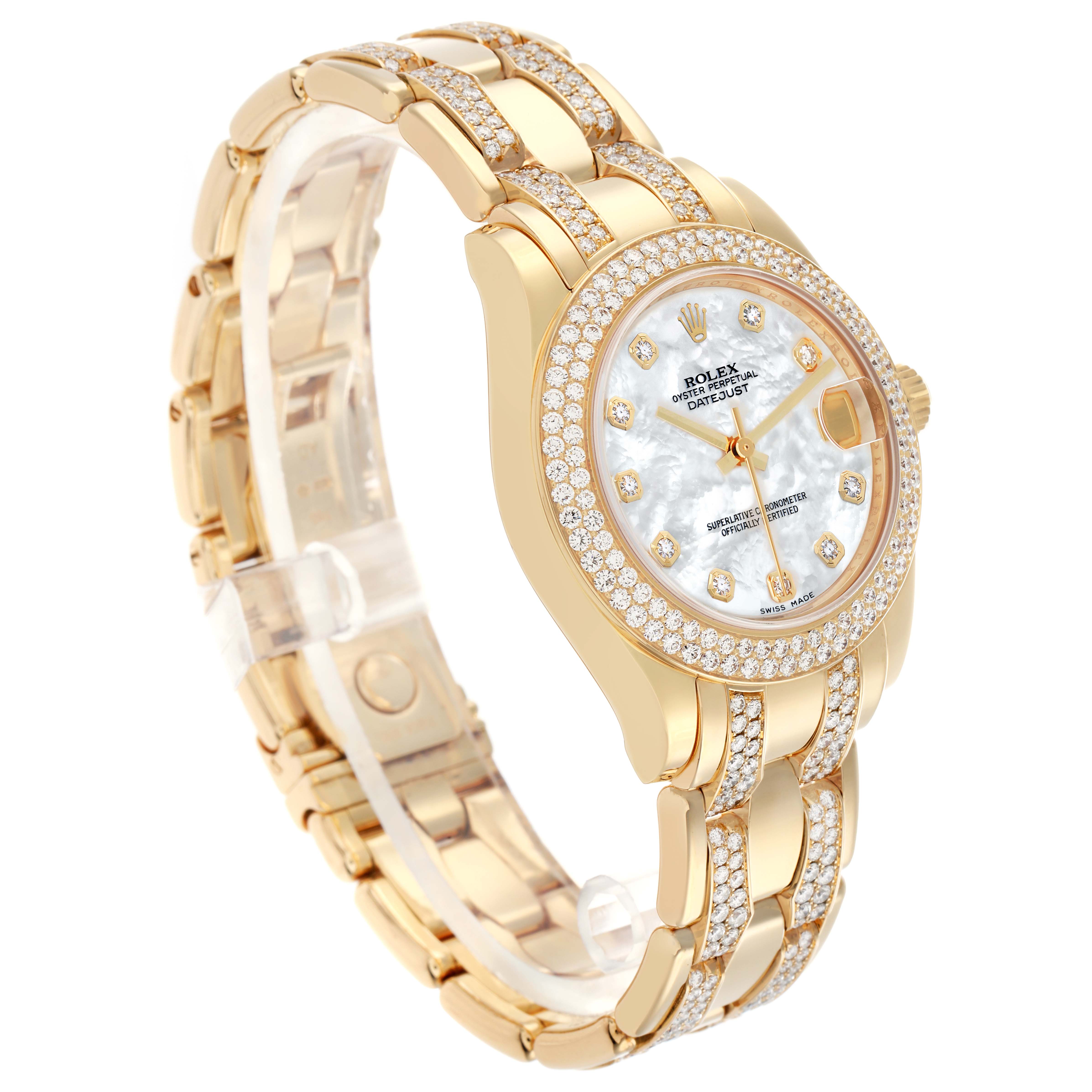 The Rolex Pearlmaster 81338 Women
s Yellow Gold Mother of Pearl Dial watch is shown at a three-quarter angle highlighting its gold bezel, diamond accents, and mother-of-pearl dial.