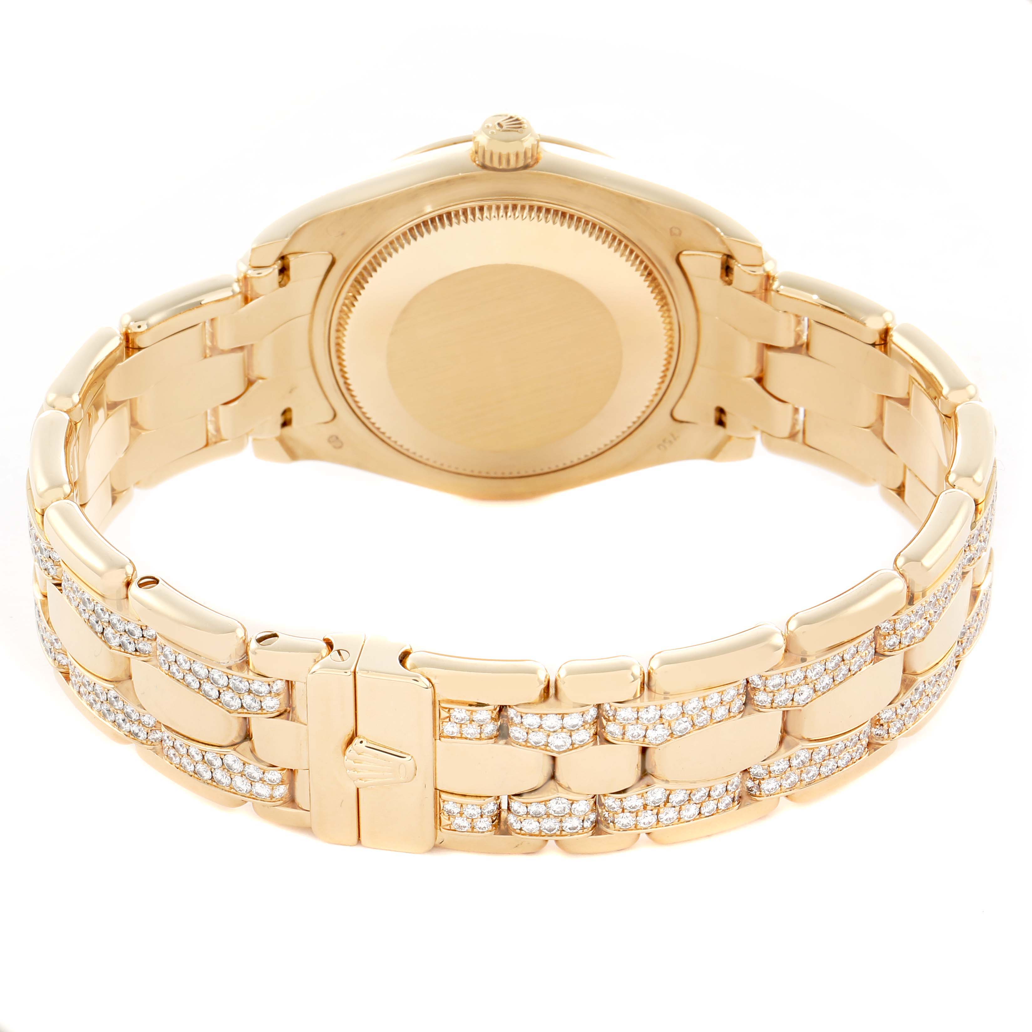 The image shows a Rolex Pearlmaster 81338 Women
s Yellow Gold Mother of Pearl Dial watch from the back, highlighting the gold bracelet and diamond accents.