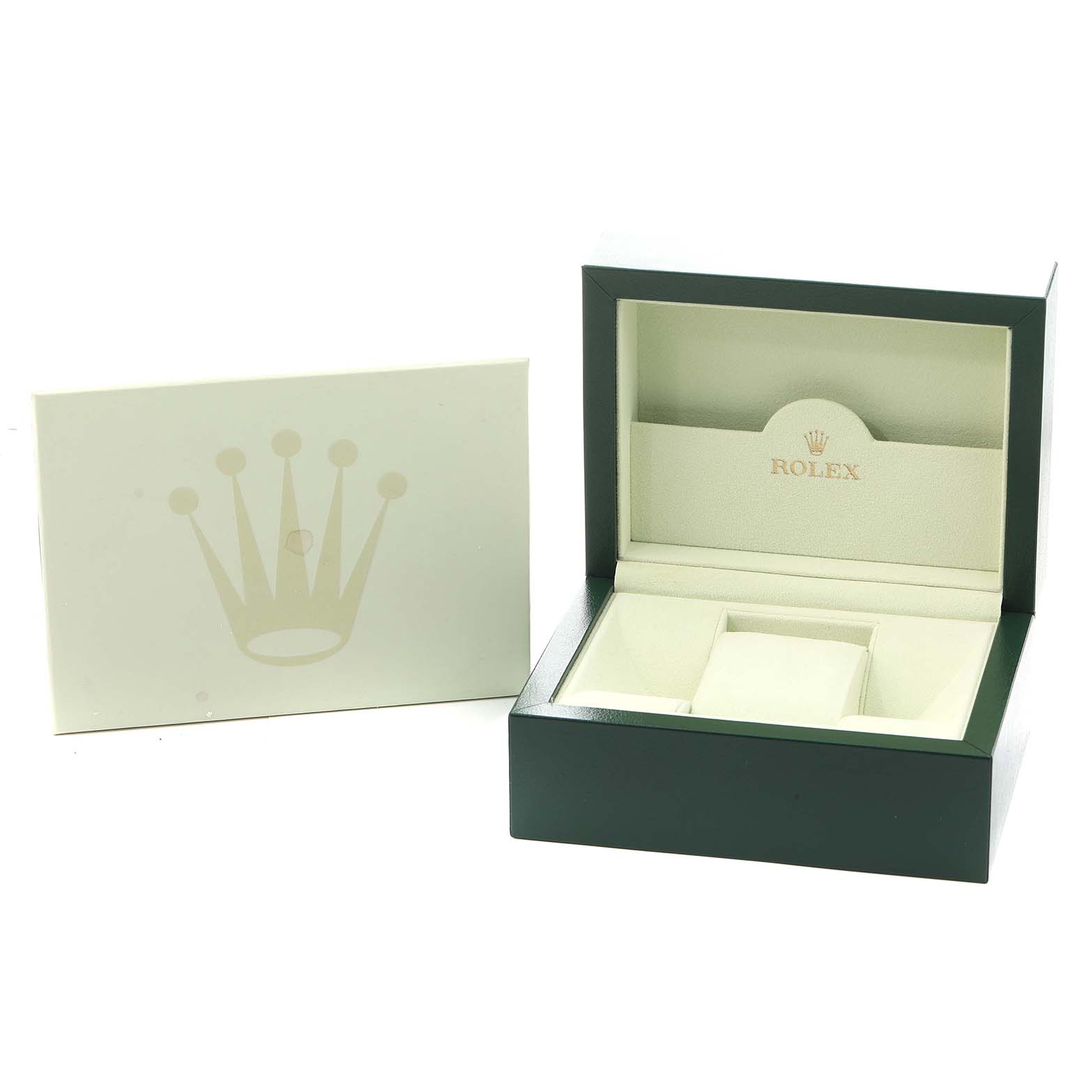 The image shows a Rolex Pearlmaster 81338 Women
s Yellow Gold Mother of Pearl Dial watch box and an accompanying envelope, viewed from the front.