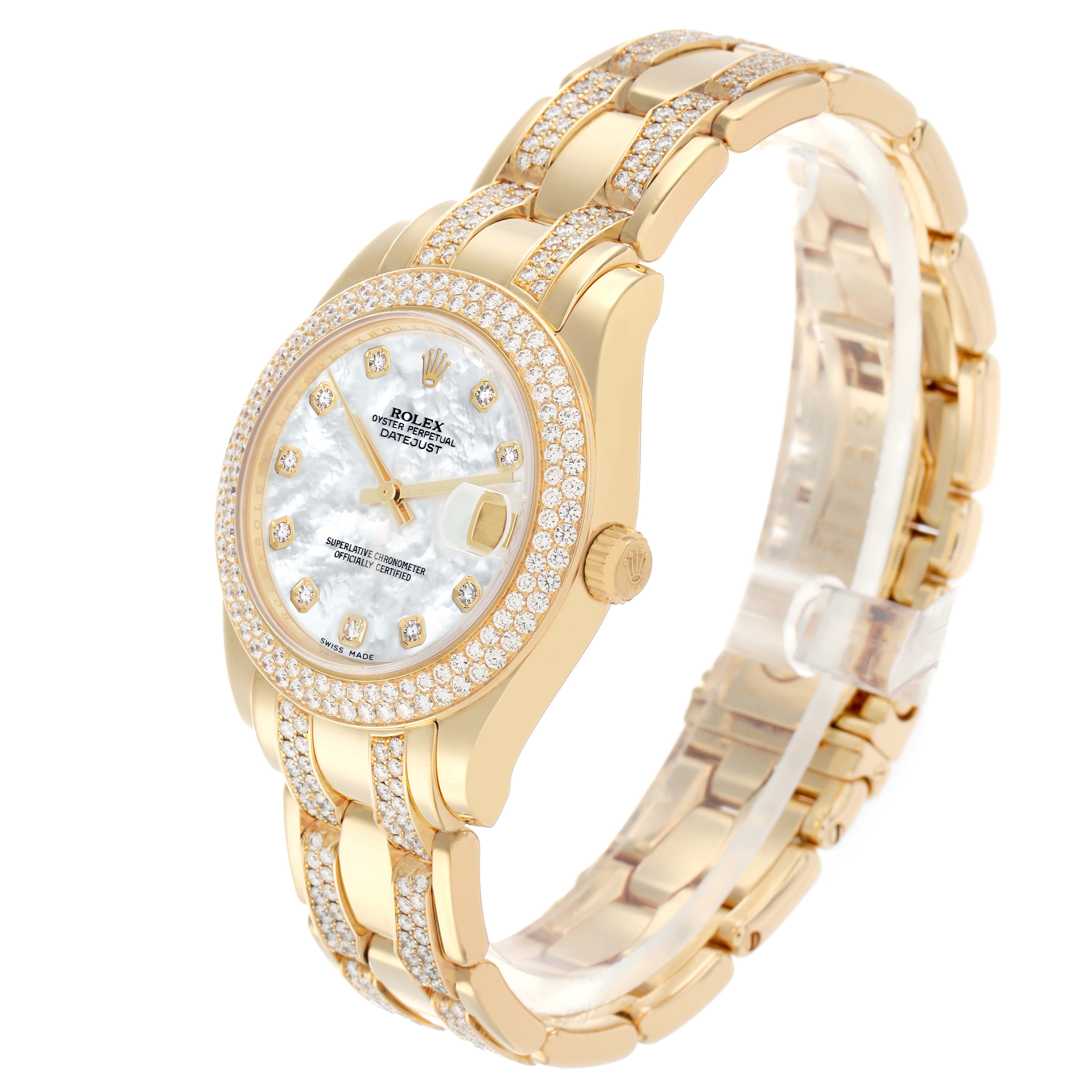 The Rolex Pearlmaster 81338 Women
s Yellow Gold Mother of Pearl Dial watch is shown at a three-quarter angle, highlighting the face, bezel, and bracelet.