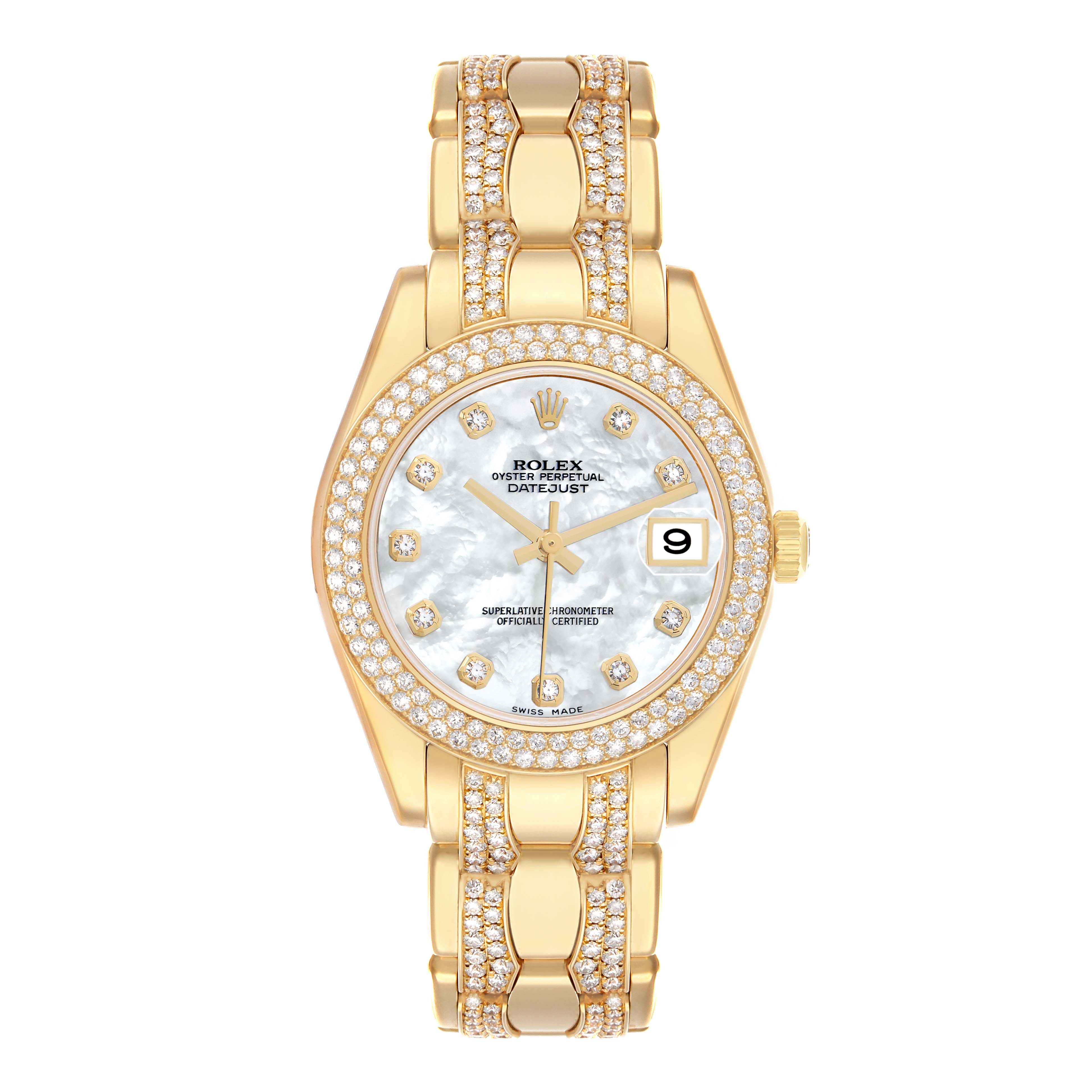 The Rolex Pearlmaster 81338 Women
s Yellow Gold Mother of Pearl Dial watch is shown from a top-down angle, displaying the face, bezel, and full bracelet.